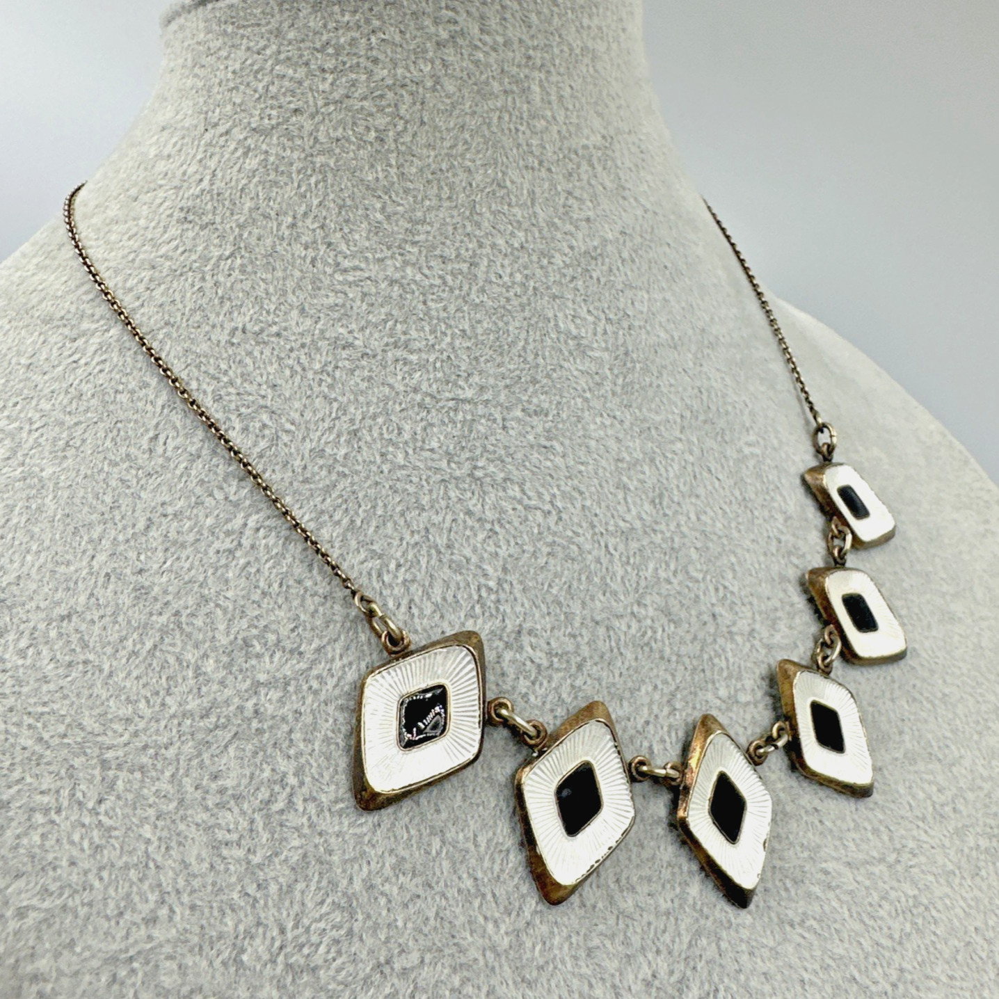 Vtg Albert Scharning Necklace Sterling Silver White Black Enamel MCM Norway 16″