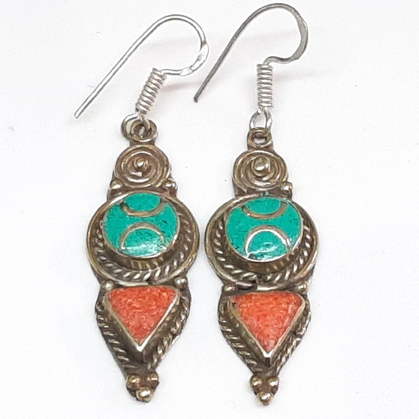 Vintage 12.00ctw Turquoise & Carnelian 925 Silver Dangle Earrings 21.4g