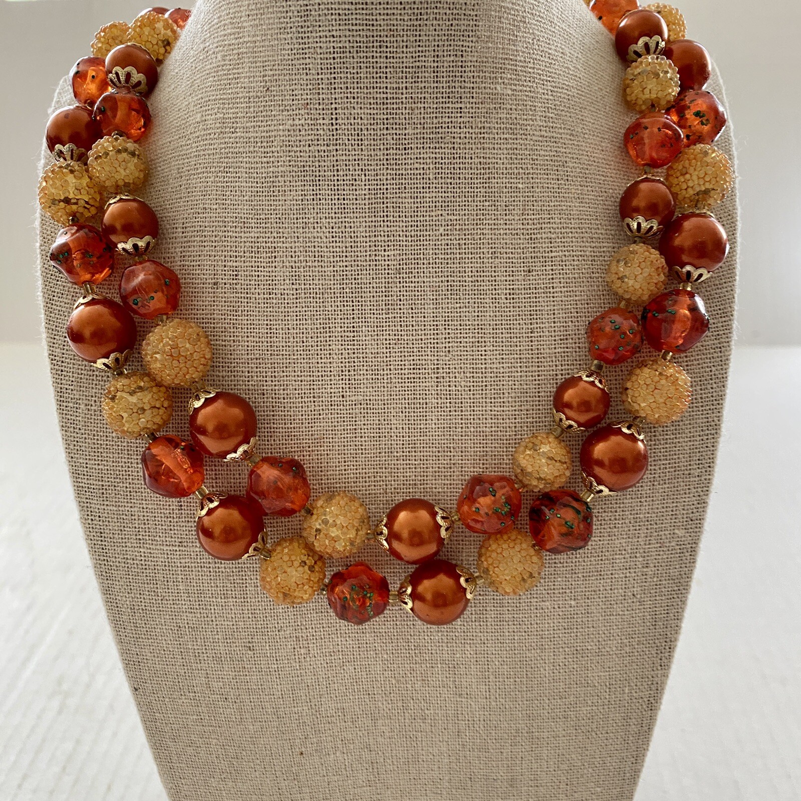 Vintage 20″ Bead Necklace Double Strand Copper Color Sugar Autumn Fall Colors