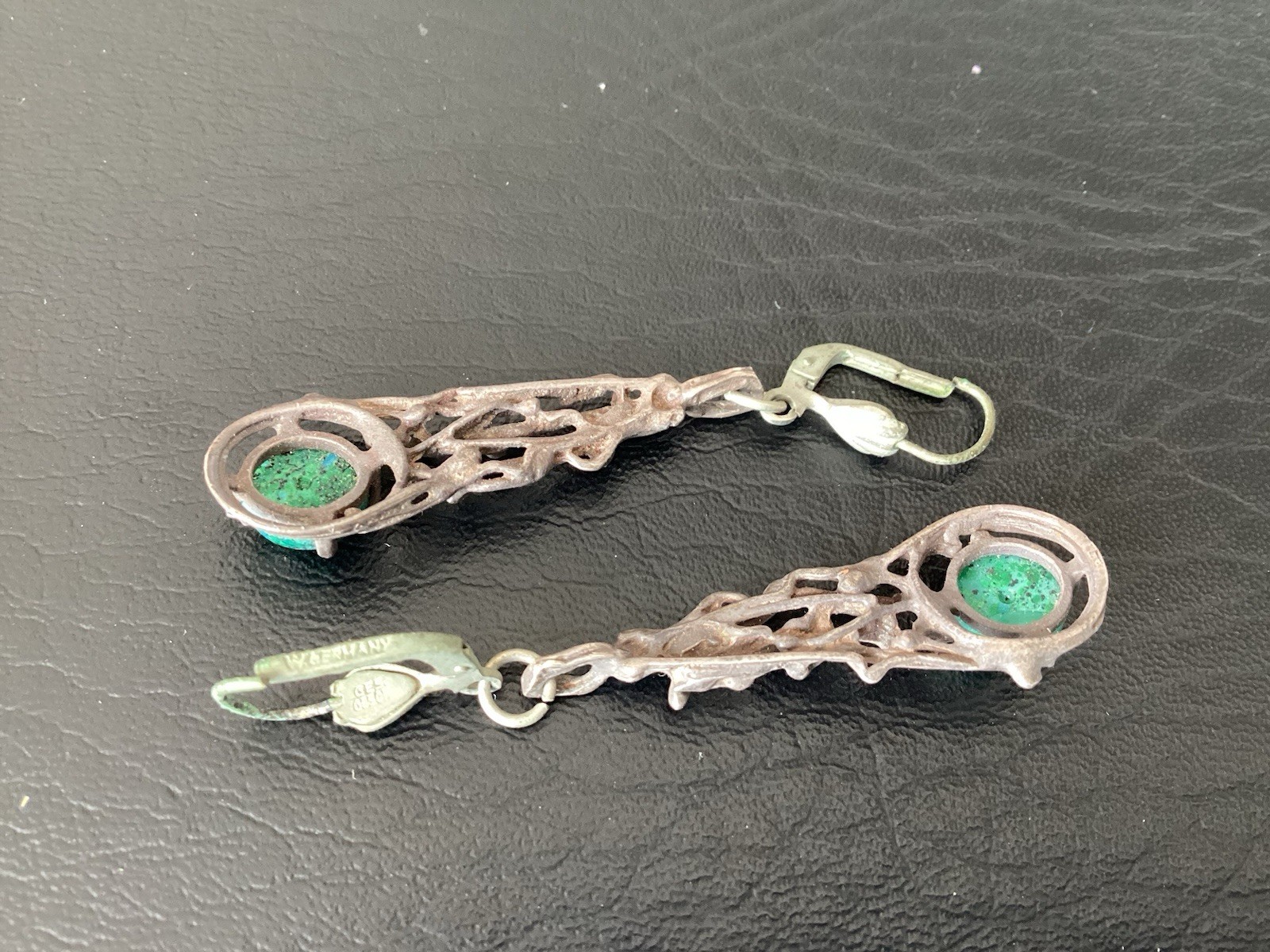 Vintage Ges Gesch West Germany Silver Green Stone Dangle Earrings