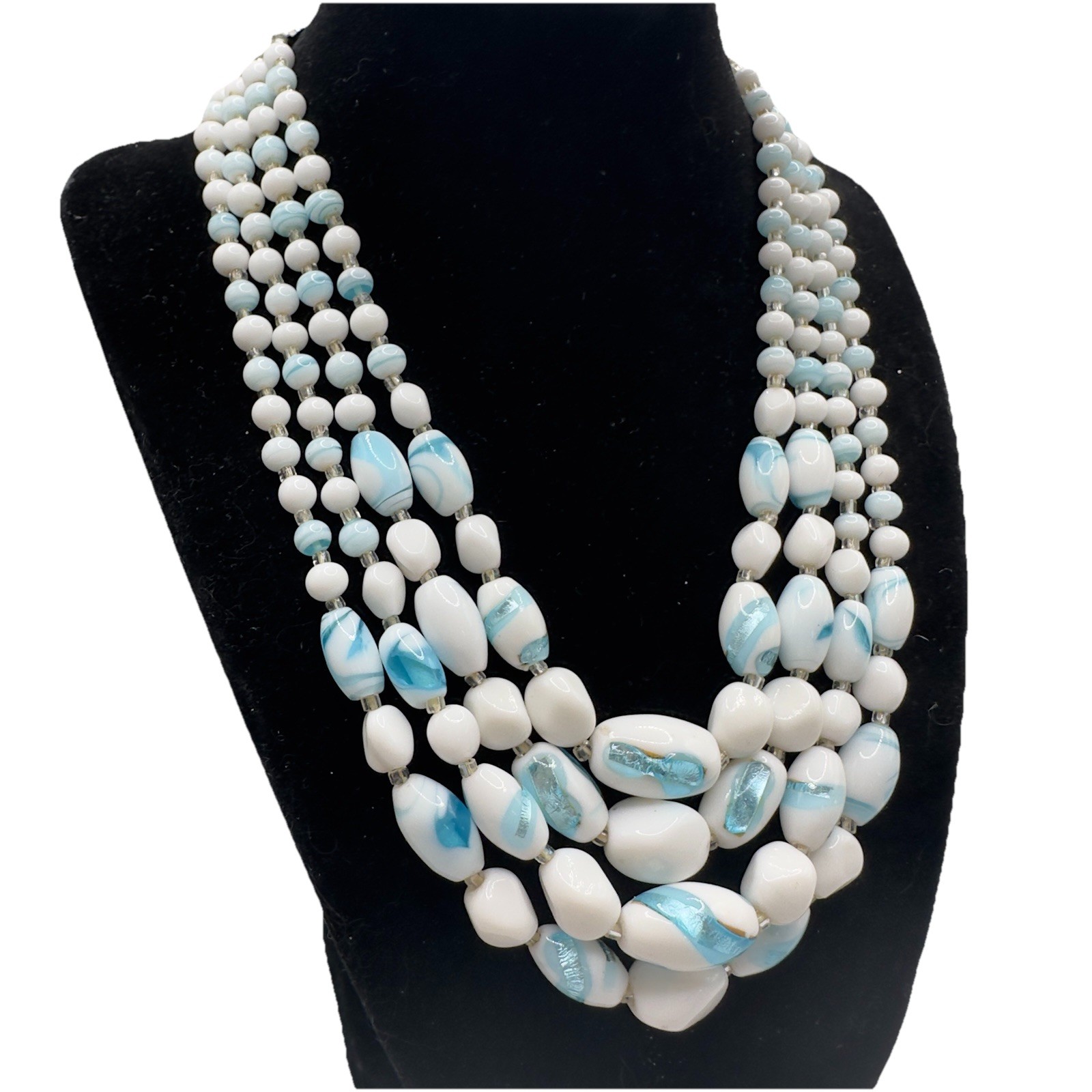 Vintage Multi 4 Strand Necklace Blue White Art Glass Beaded 17″ Choker Bib Japan