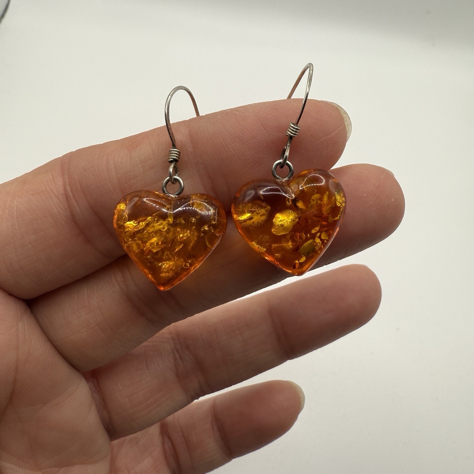 Vintage Faux Amber Resin Lucite Heart Drop Dangle Earrings 925 Sterling Silver