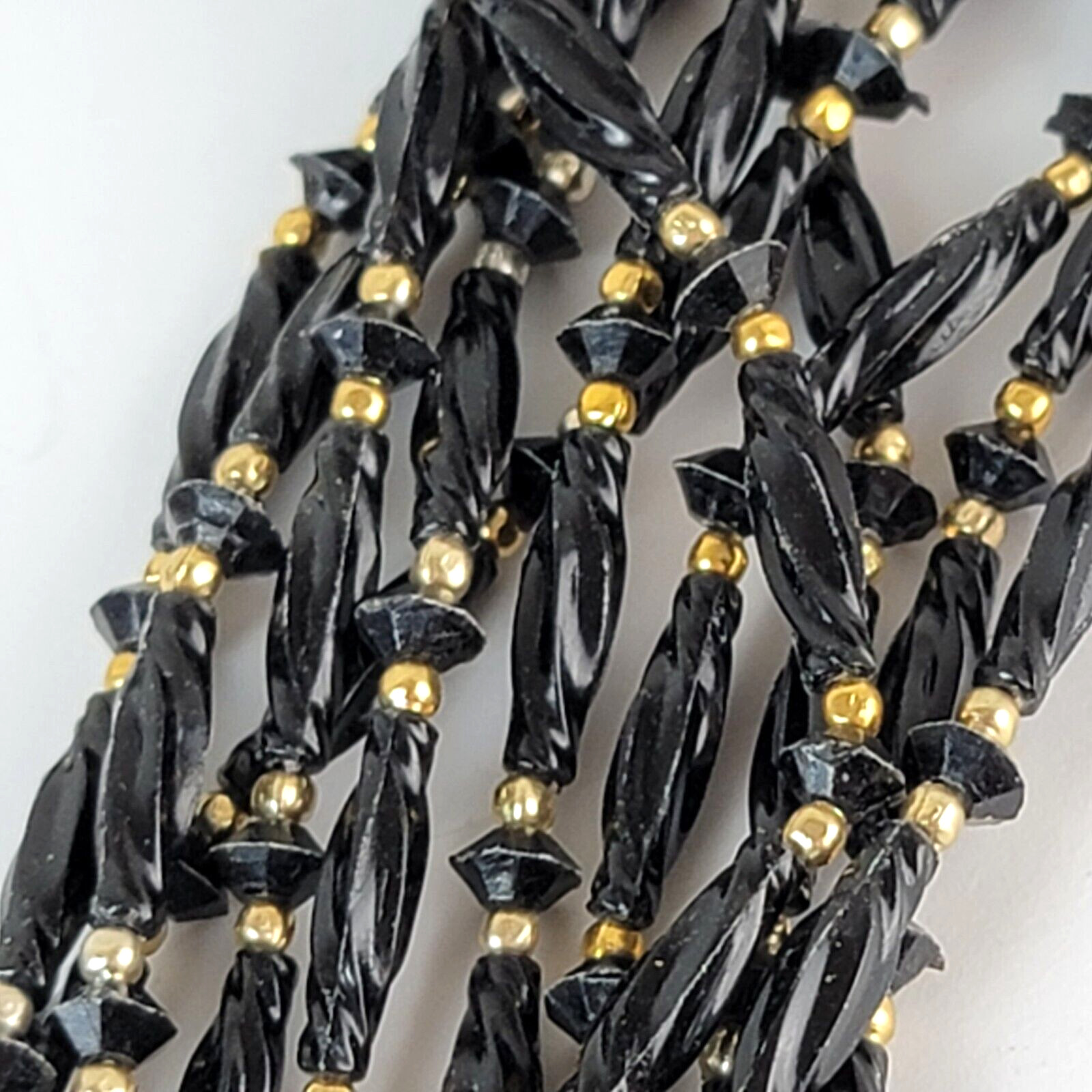 Vintage Hong Kong Black & Gold Seed Bead Multi Strand Necklace 21 in Hook Clasp