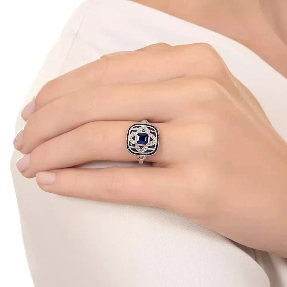 Classic Art Deco Style Emerald Lab Created Diamond 925 Silver Engagement Ring