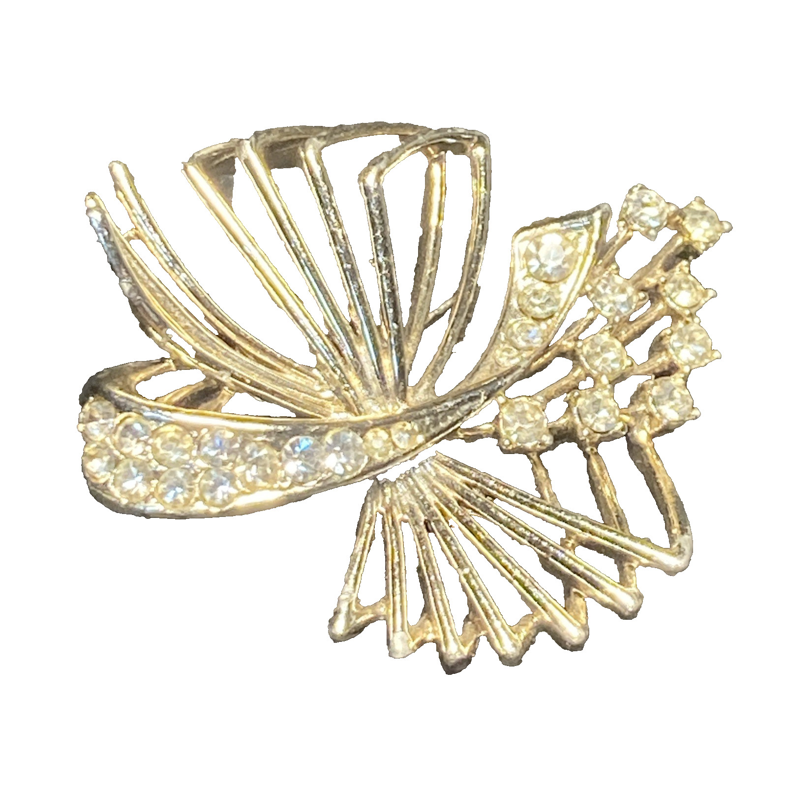 Open Gold Tone Clear rhinestone Rare Brooch Bow Floral Bouquet 2.08″ Old C photo