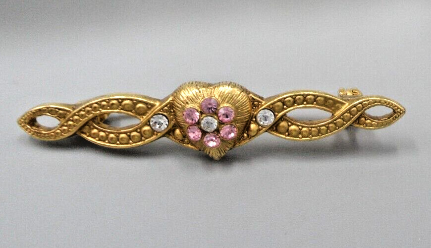 Victorian Valentine Bar Brooch Heart Rhinestone Flower October Birthday Gift Vtg