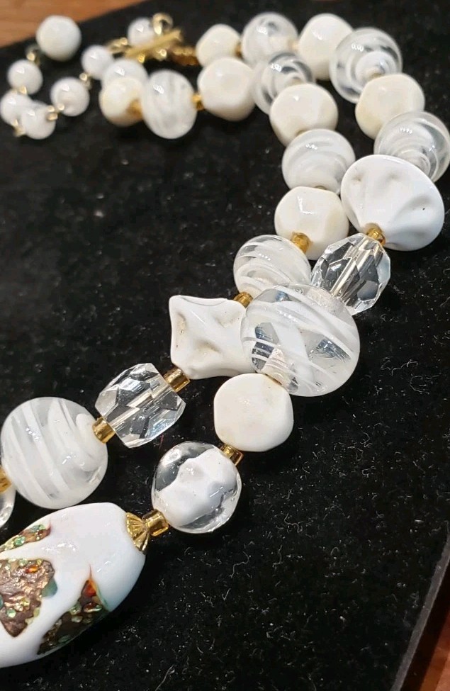 Vtg MCM Bridal Wedding Double Strand White Glass Bead Choker with Gold Accent