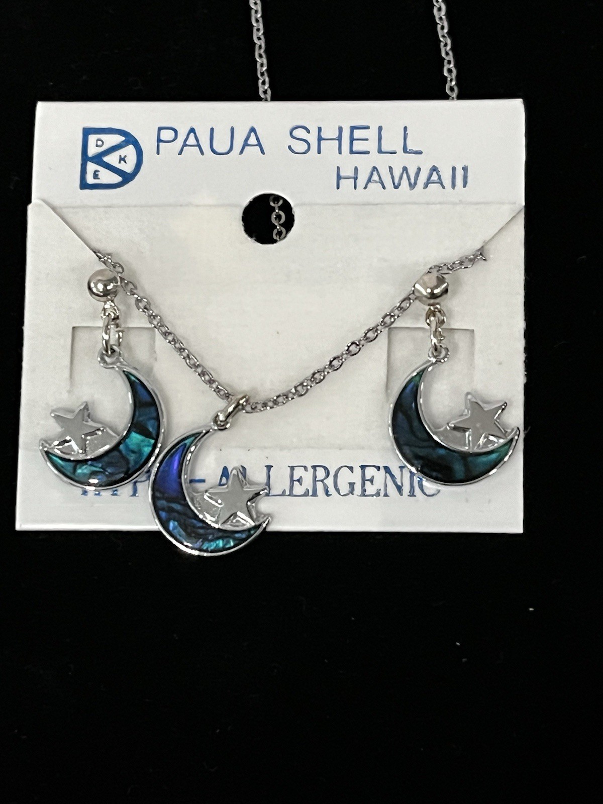 Vintage Paua Shell Hawaii Bohemian Boho Blue Moon Pendant Necklace Earring Set