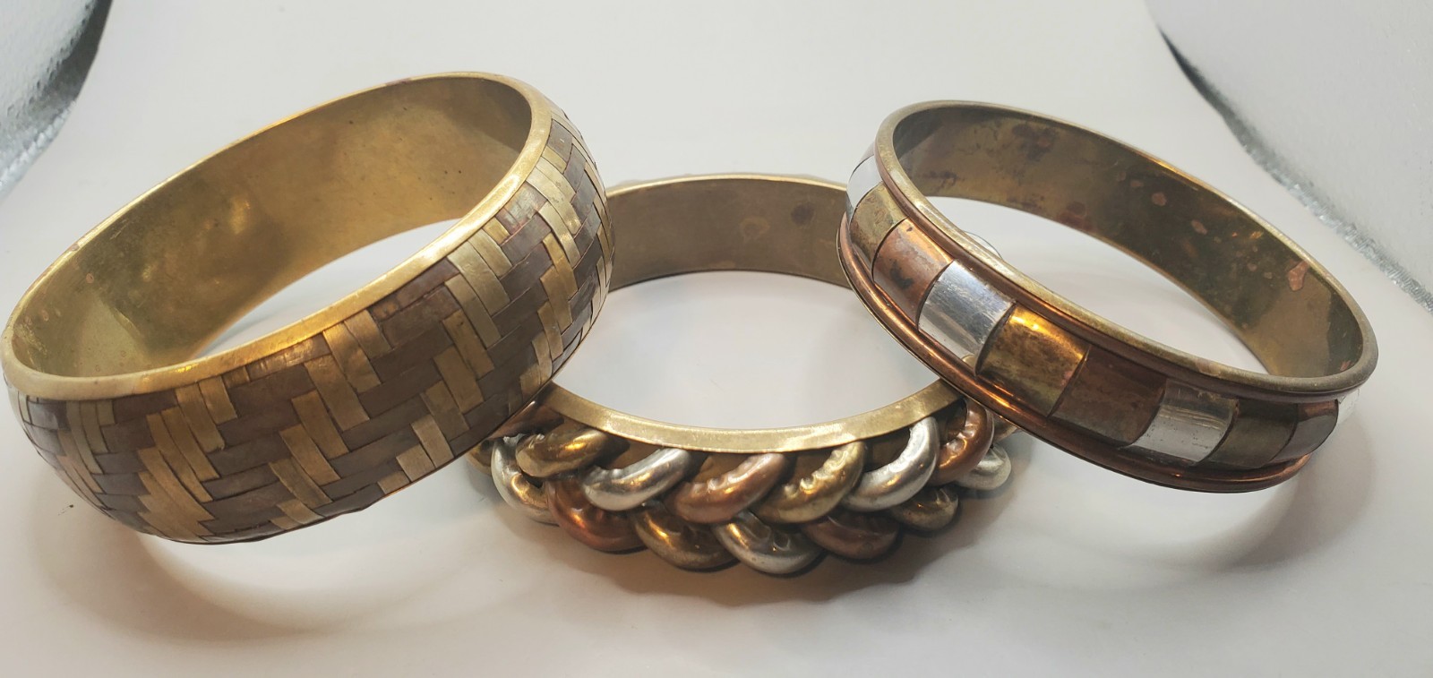 3 Vtg Tri-metal Brass Copper Bangles: Basket Weave, Braided, Rectangle Design