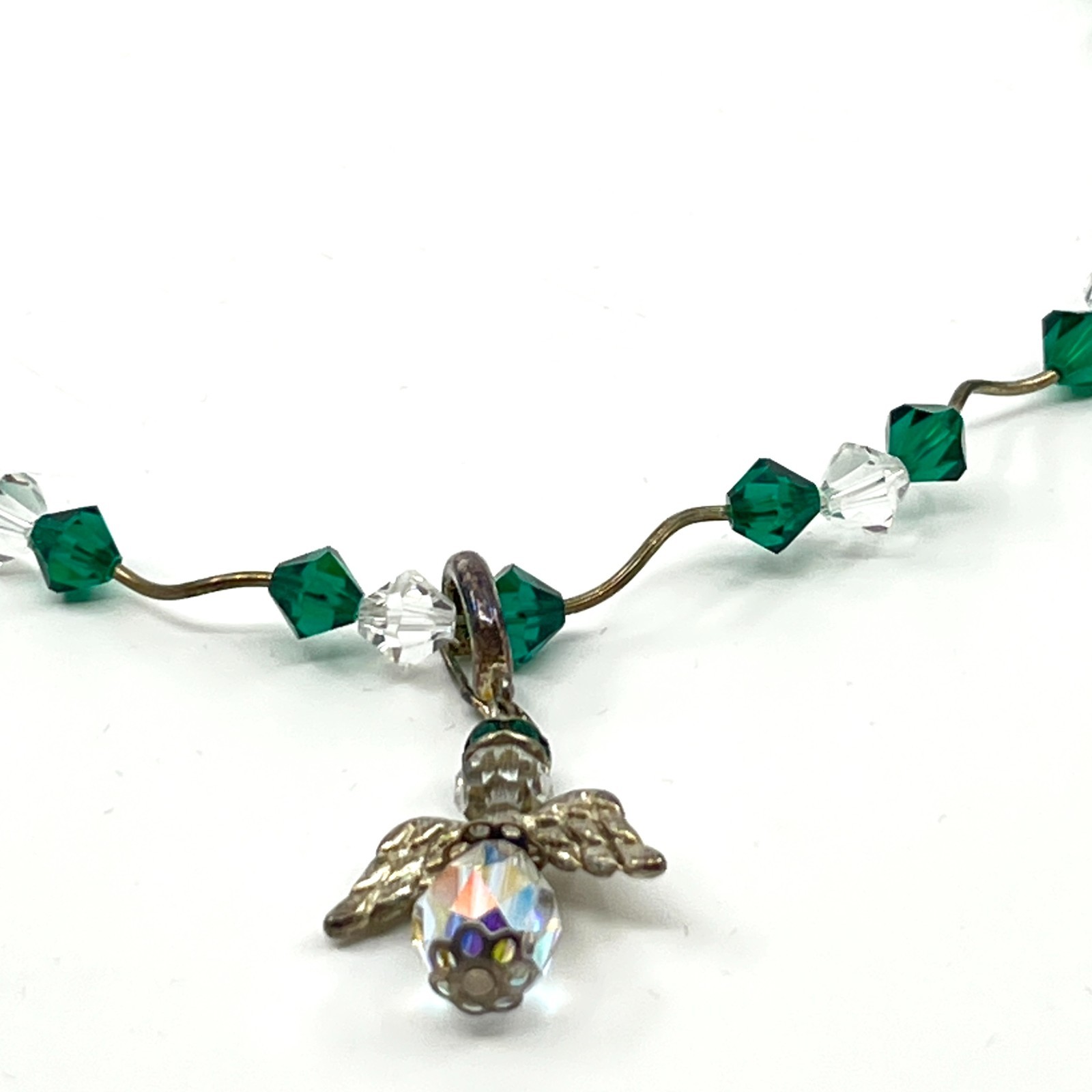 Vintage Classic Green & Iridescent Crystal Angel Pendant Necklace Toggle Clasp