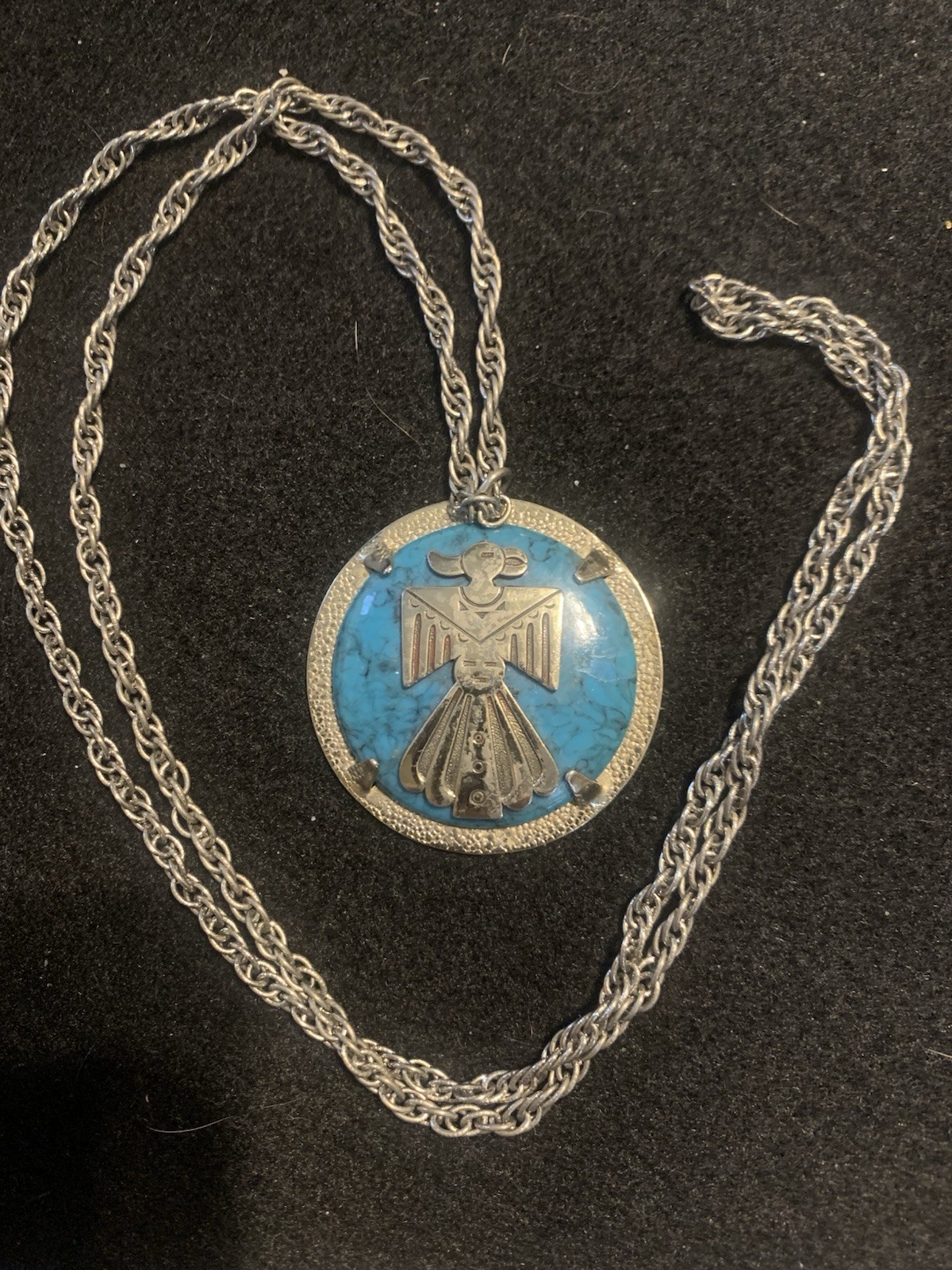 VINTAGE BELL TRADING CO NICKEL SILVER TURQUOISE THUNDERBIRD PENDANT NECKLACE