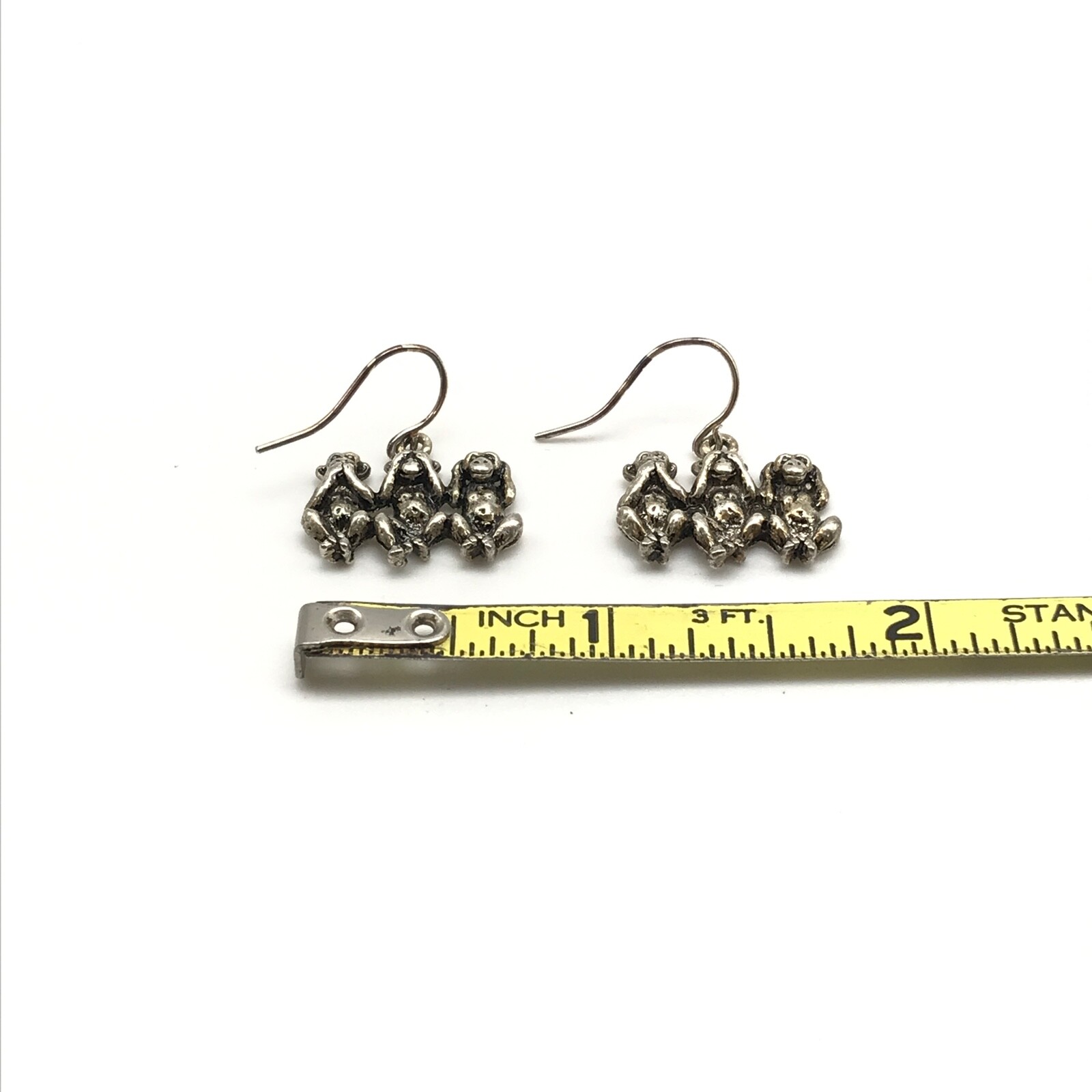 Vintage Silver Tone Triple Monkey Animal Themed Dangle Earrings