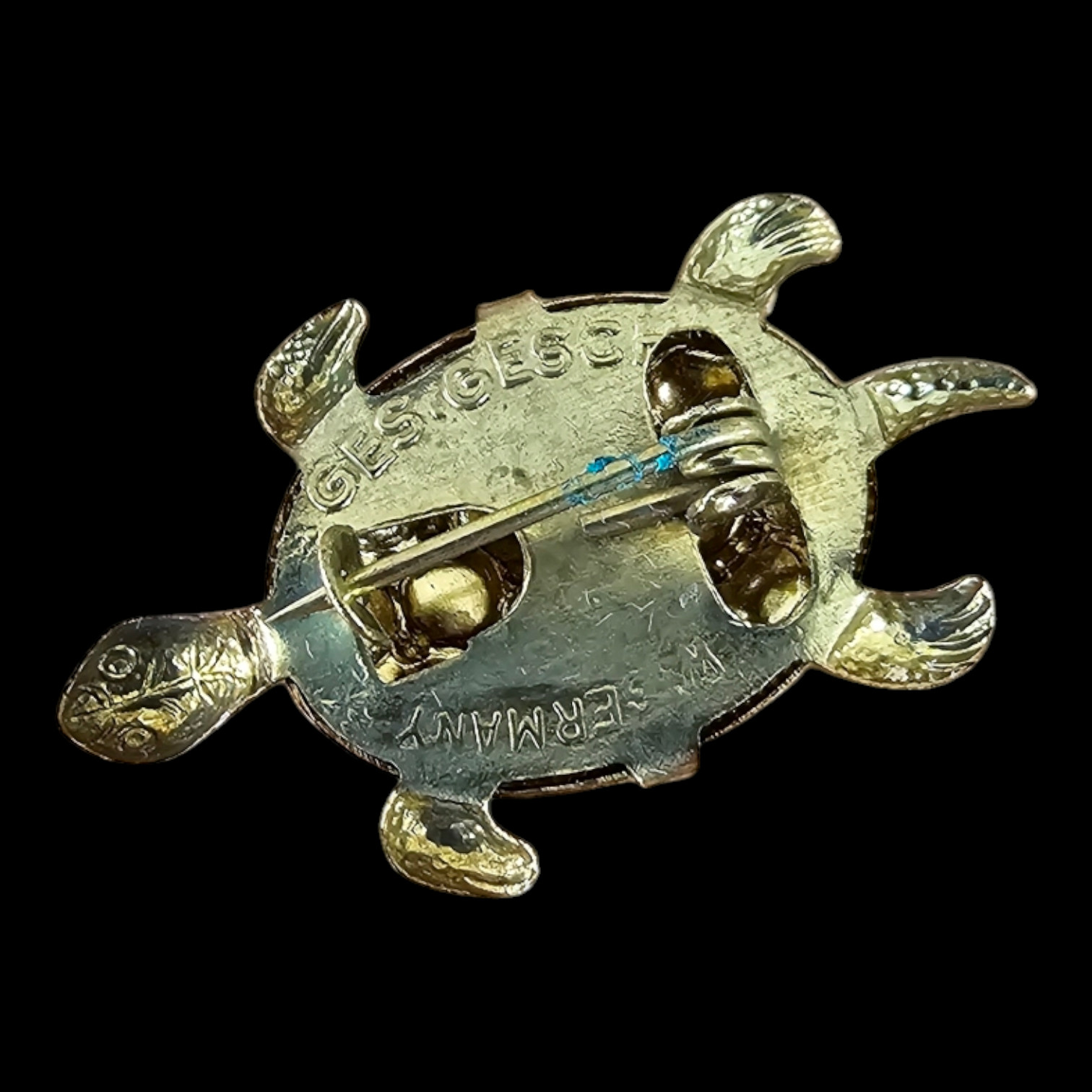 Genuine Vintage Gold Color Ges Gesch Clear Crystal Turtle Brooch – W Germany