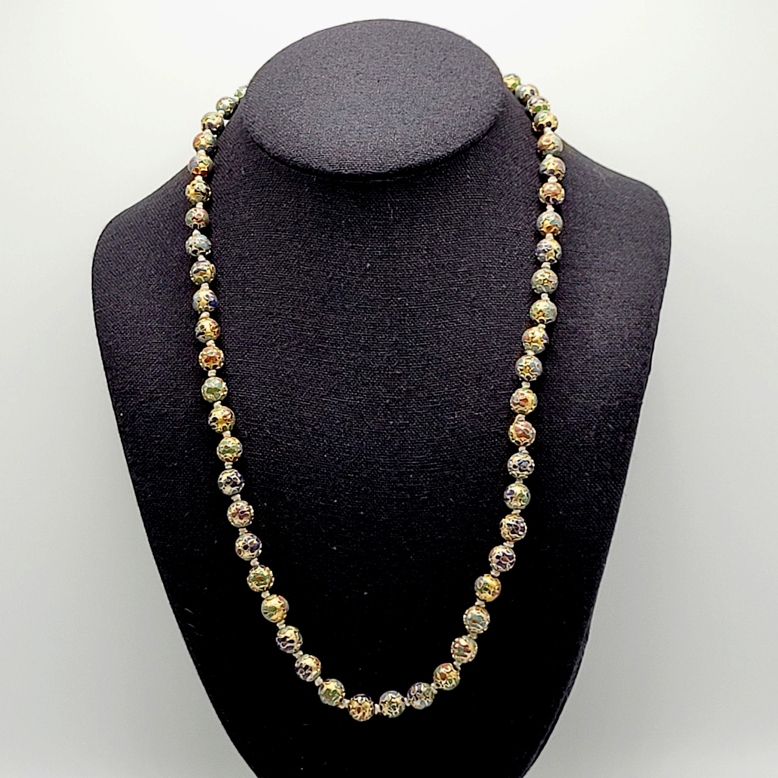 Chinese Cloisonné Floral Bead Hand Knot Circa 1930s Beaded Necklace 23 Inch