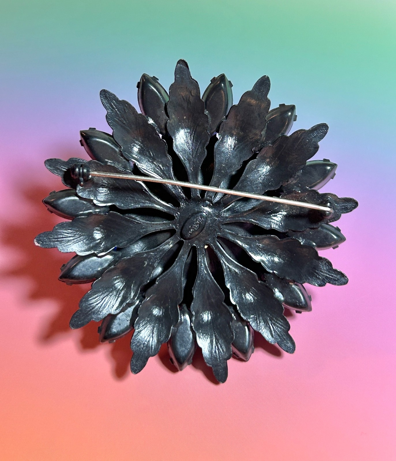 Vintage La Roco Large Rhinestone Flower Brooch Gunmetal Gray & Black 2.75”