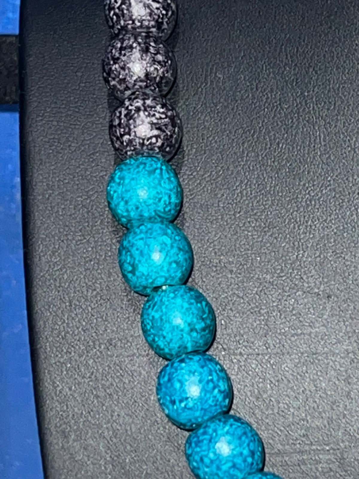Vintage ATHENS PROTASIS Light Blue, Teal, & Greys Clay Beads on Cord Necklace