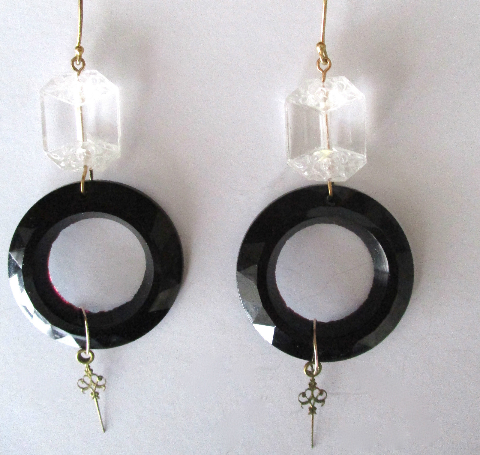 Pair of 3 1/2-Inch Deco Crystal & French Jet Earrings With Brass Trim