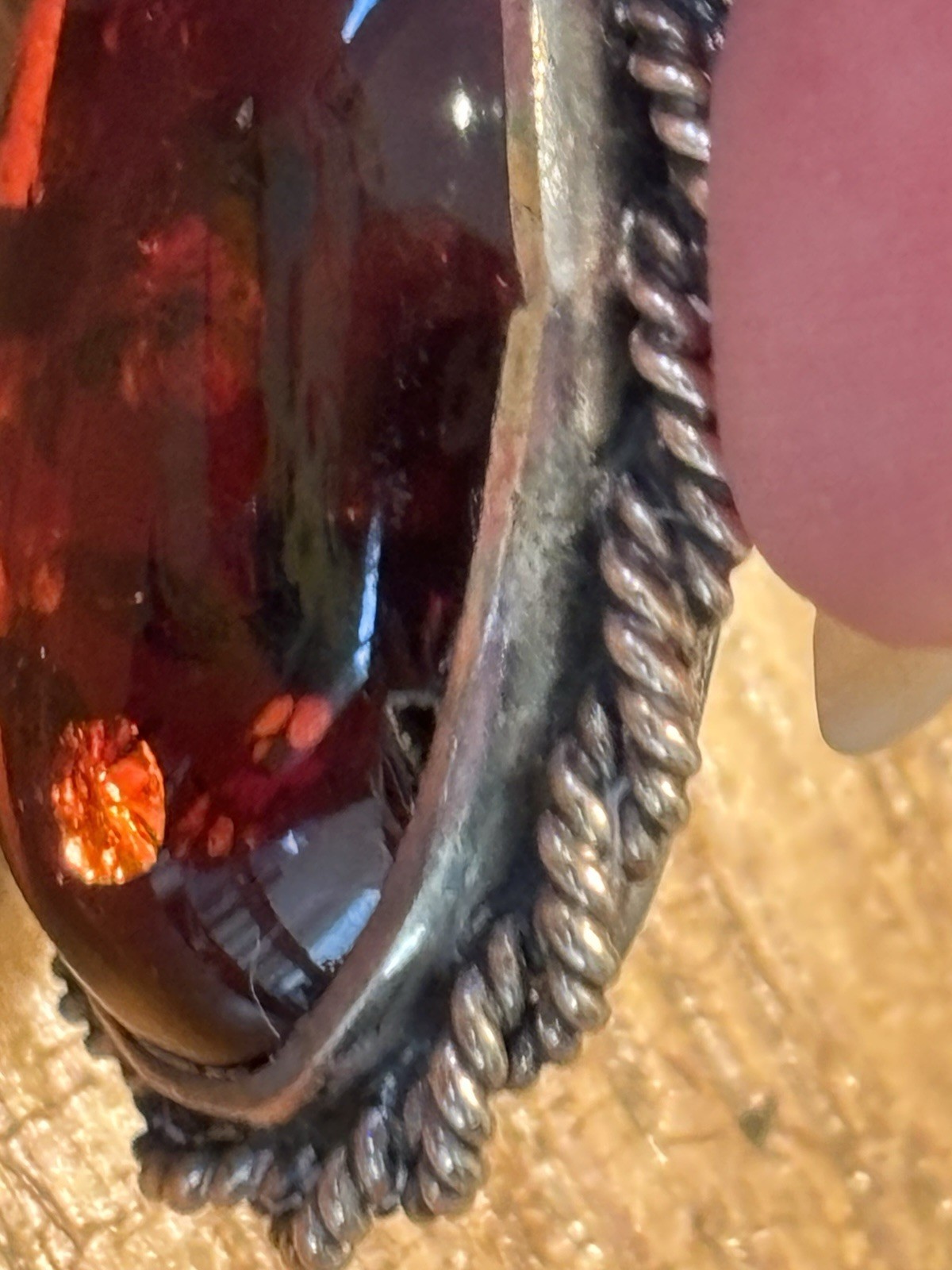 Vtg. HALLMARKED 925 Head Facing Right STERLING SILVER AMBER RING Hand Made 7.75