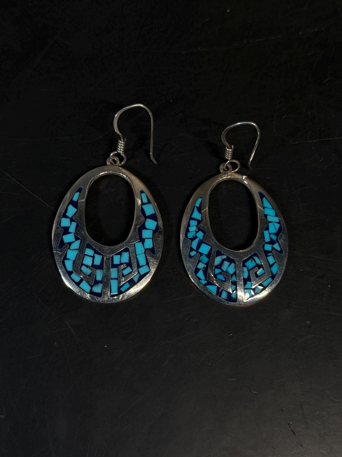 Taxco Sterling Silver Turquoise Chip Inlay Dangle Earrings TC-29