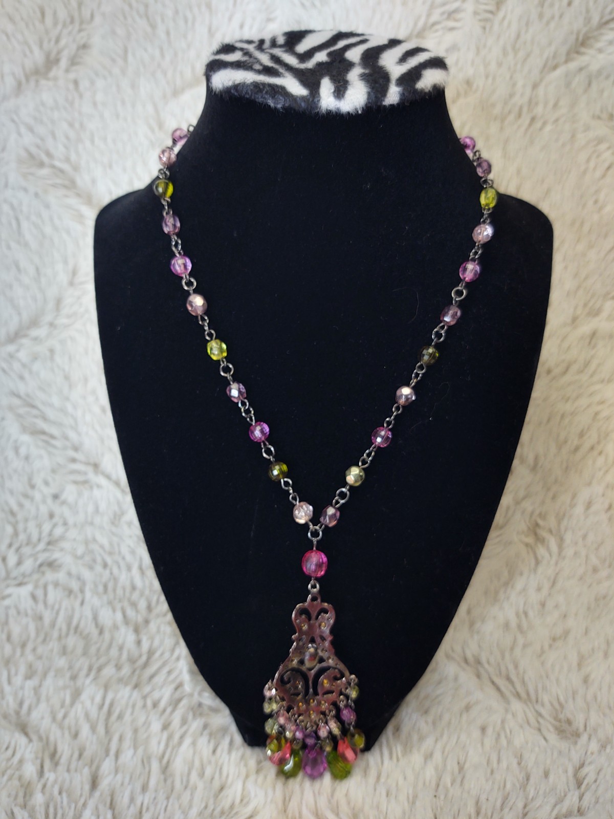 Boho Statement Necklace Pink Green Beaded Chandelier Pendant Vintage Style