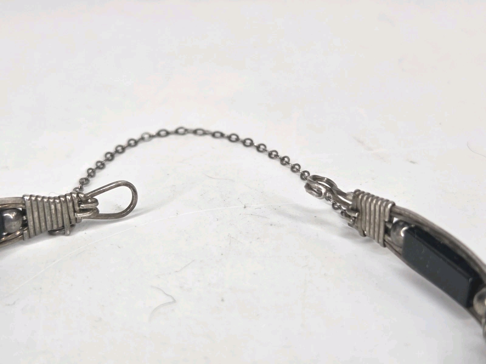 Vintage Sterling Silver Black Onyx Wire Wrapped Link Bracelet