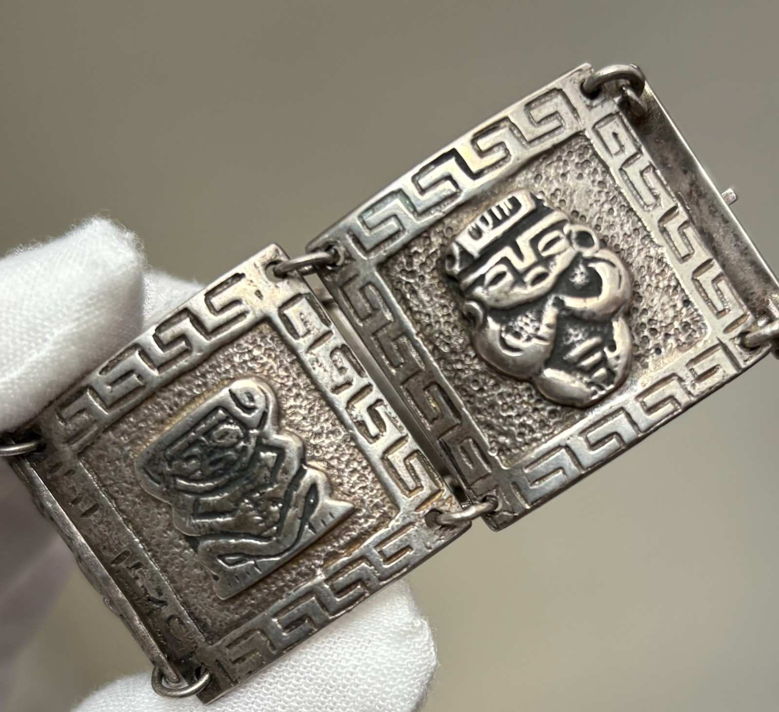 Vintage Silver Peru Panel Bracelet Ethnic Wide Heavy 7.25in 900 Plata 63.45g