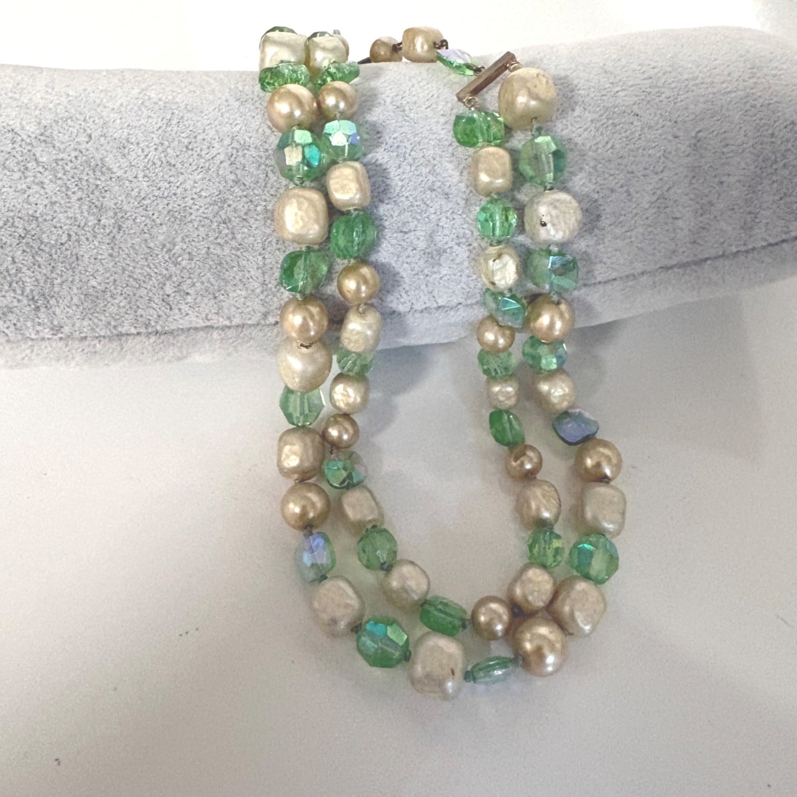 Vintage Double-Strand Necklace with Green and Faux Pearl Beads Hook Clasp