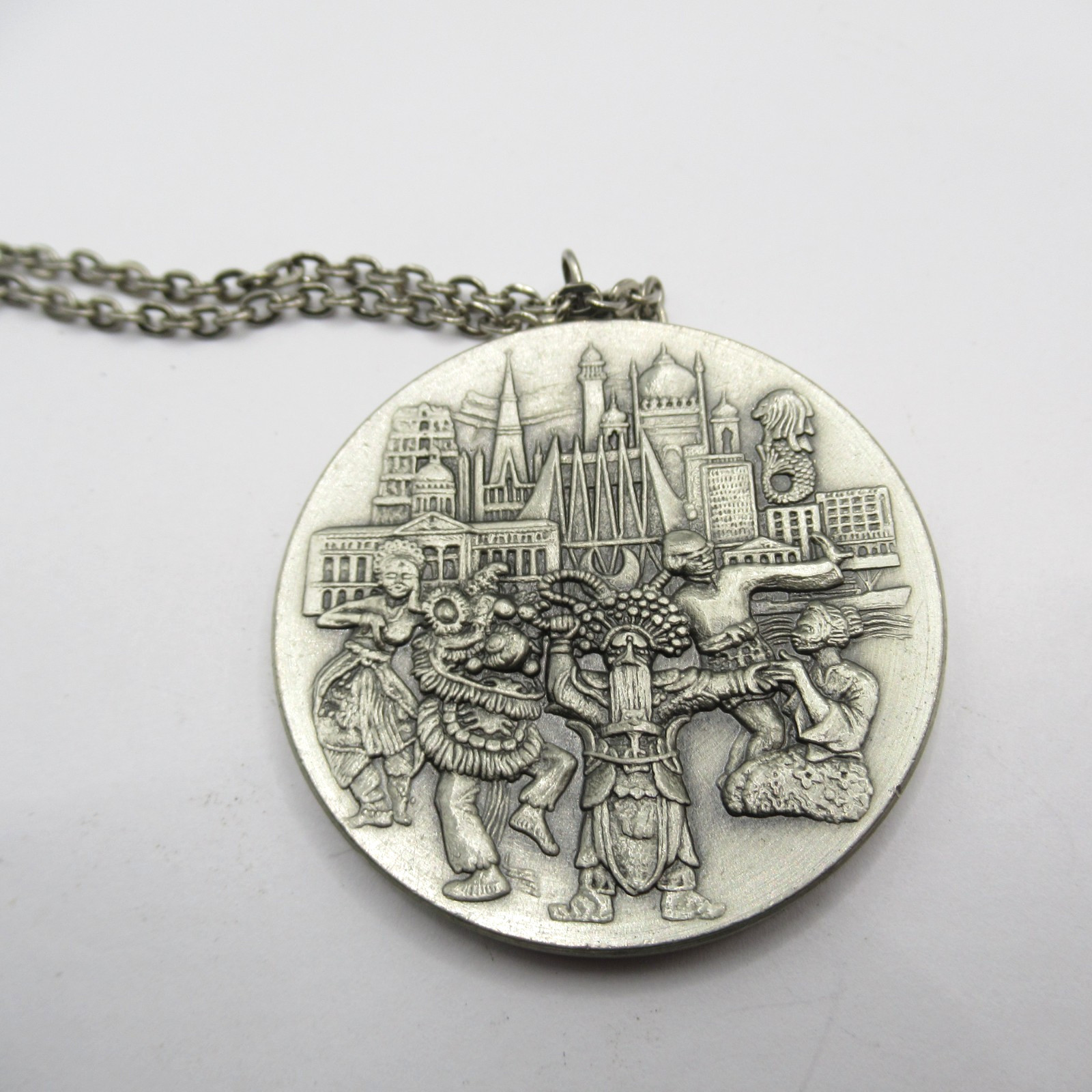 Singapore Souvenir Pewter Pendant Necklace People Costumes Buildings Selangor