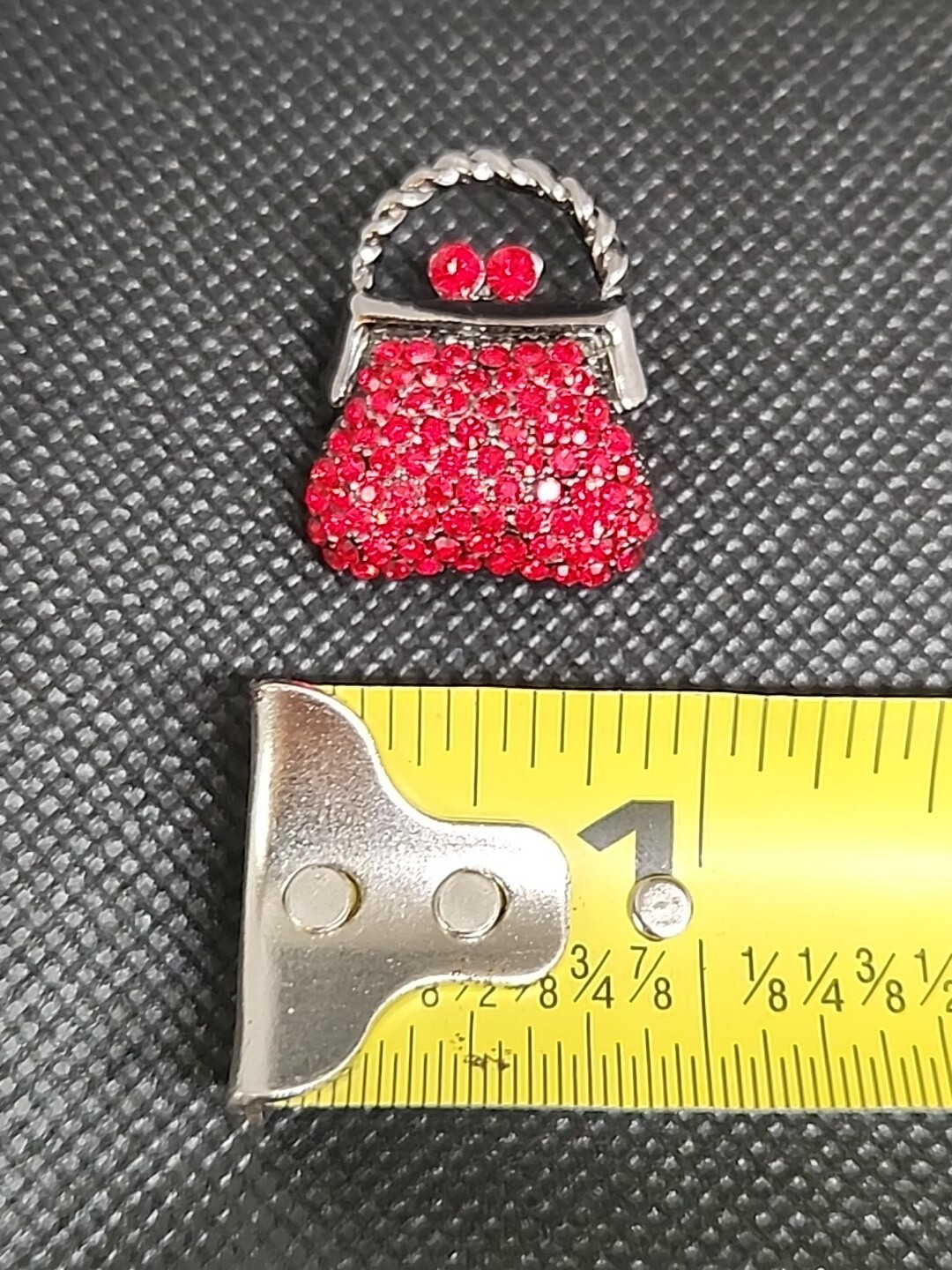 Gunmetal Silver Tone Red Rhinestone Mini Purse Small Brooch Pin Unsigned
