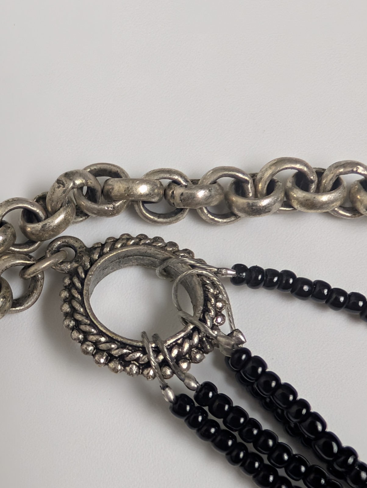 Vintage Black Beaded Necklace with Large Silver Tone Pendant – Gothic Boho Style