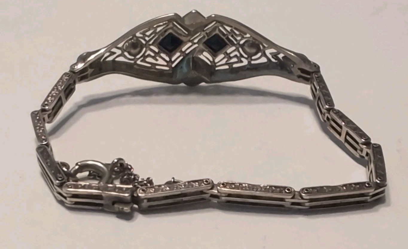 Antique Art Deco Sterling Filigree Black & Clear Stone Bracelet