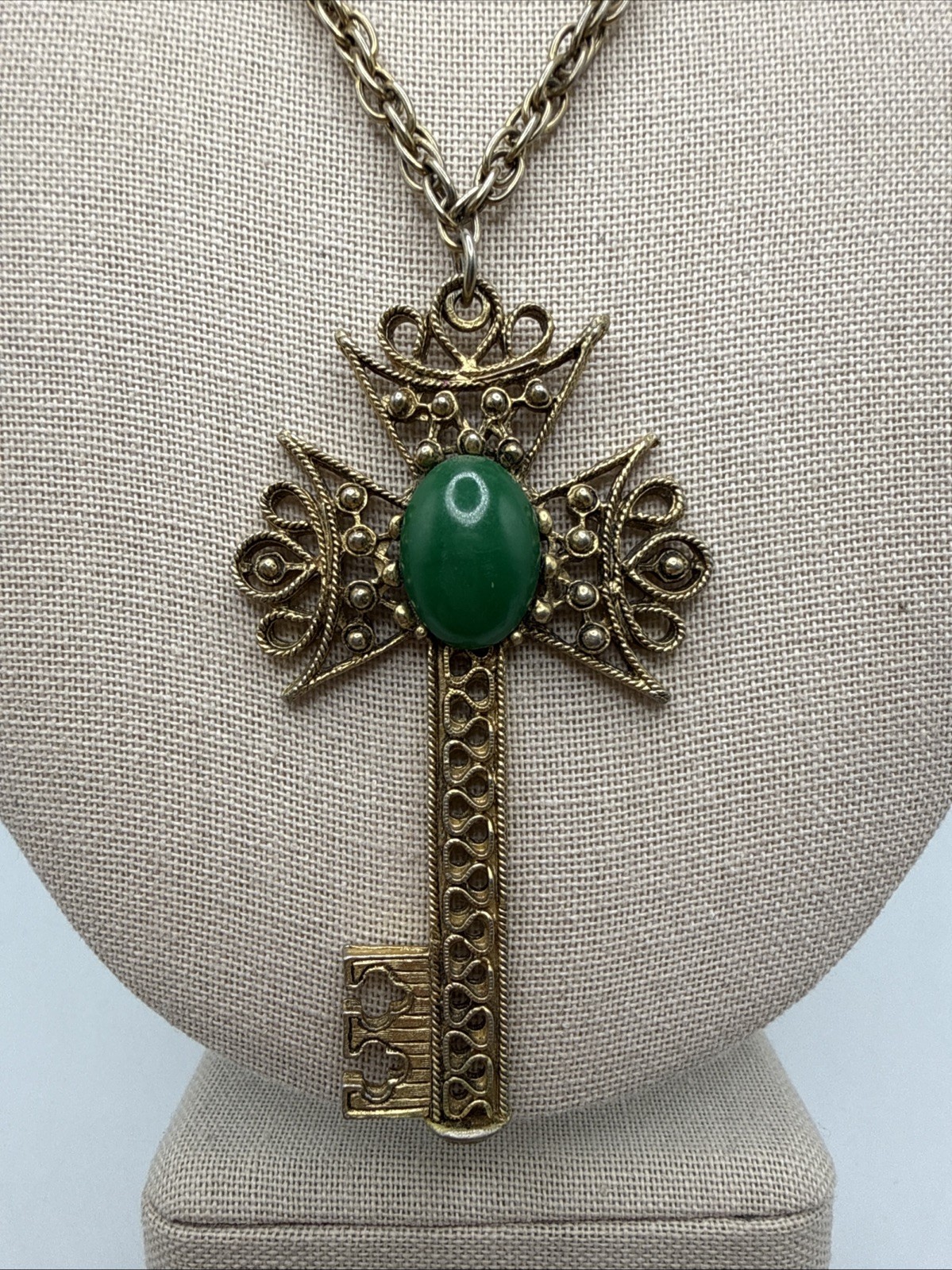 Vintage Gothic Style Cross Shaped Key Green Stone Necklace 24”