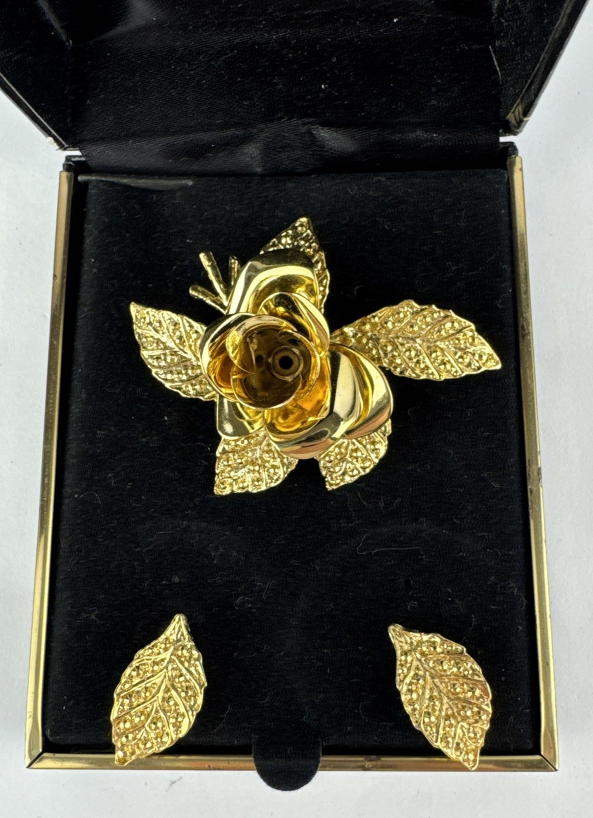 Tacoa Rose Brooch With Matching Earrings Textured Leaves Gold Tone