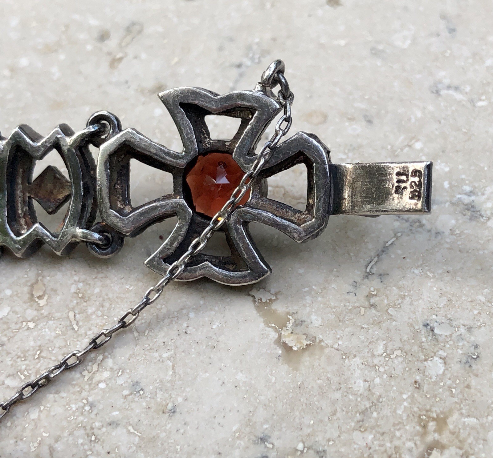 💥❤️✨VINTAGE 925 STERLING SILVER GARNET & MARCASITE MALTESE CROSS BRACELET ✨❤️💥