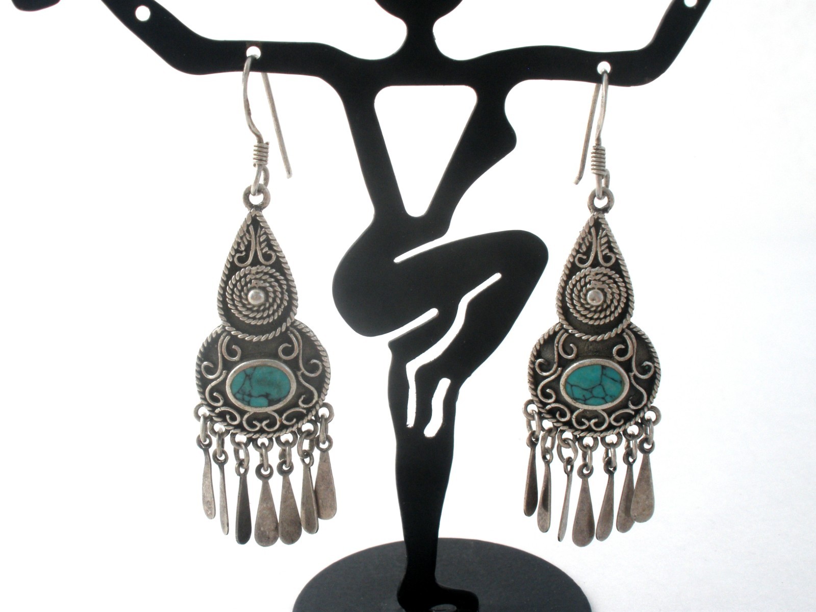 Turquoise Sterling Silver Earrings Pierced Dangle Vintage Southwestern Signed CW