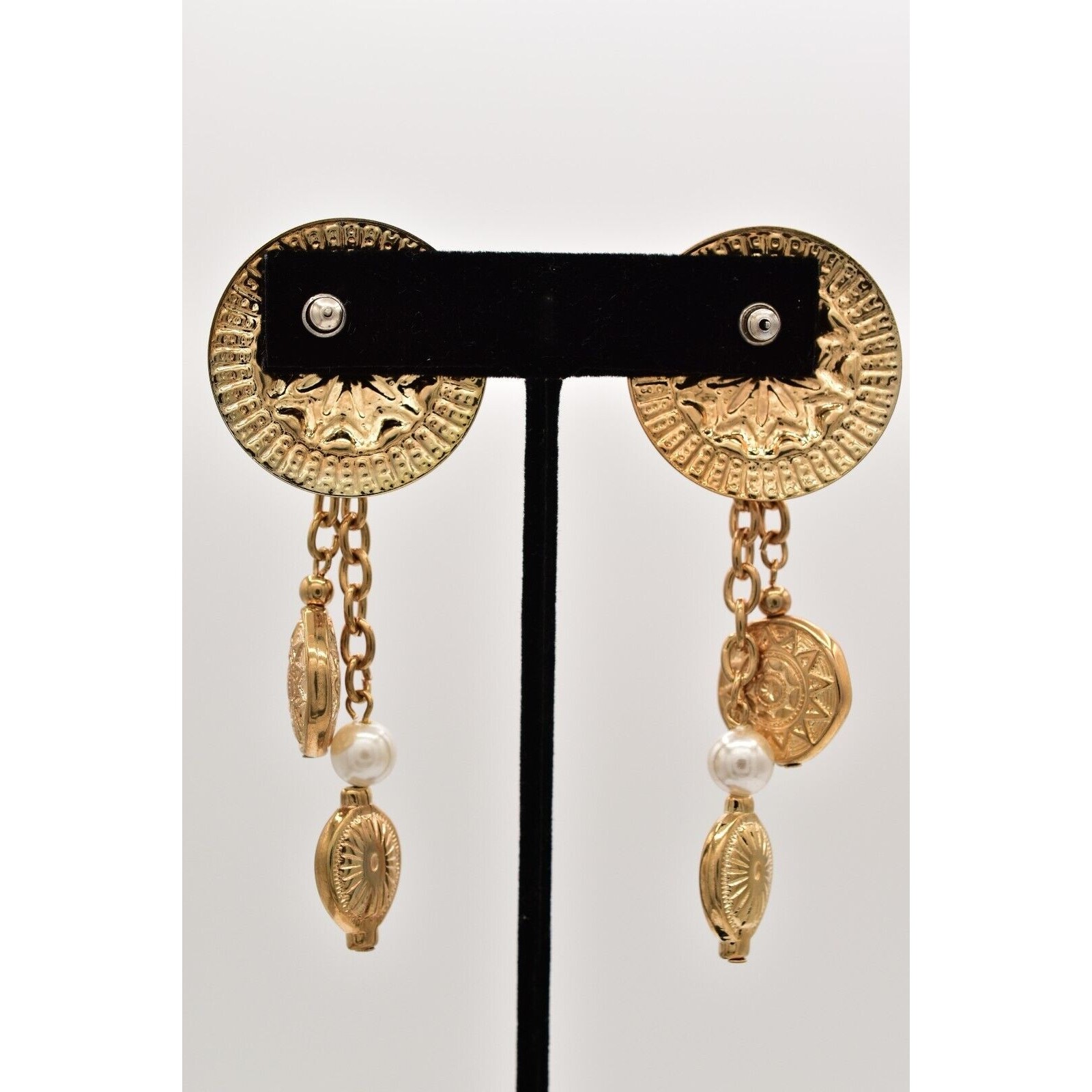 Vintage Coin Dangle Chain Earrings 3″ Pearl Etruscan Gold Chunky NOS 80s BinA18