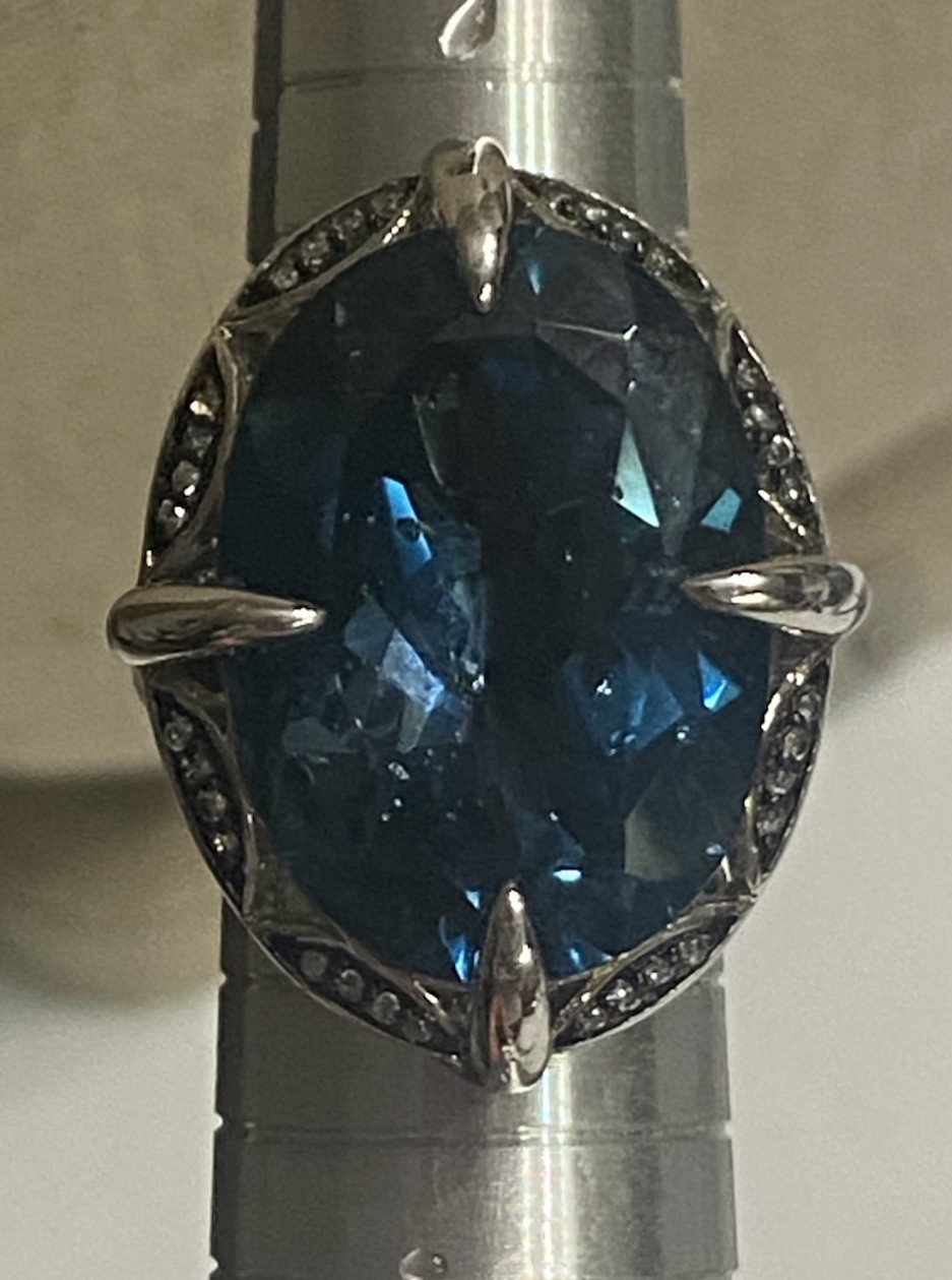 Large London Blue Topaz White Zircon 26ctw Sterling Silver Ring QVC Size 6
