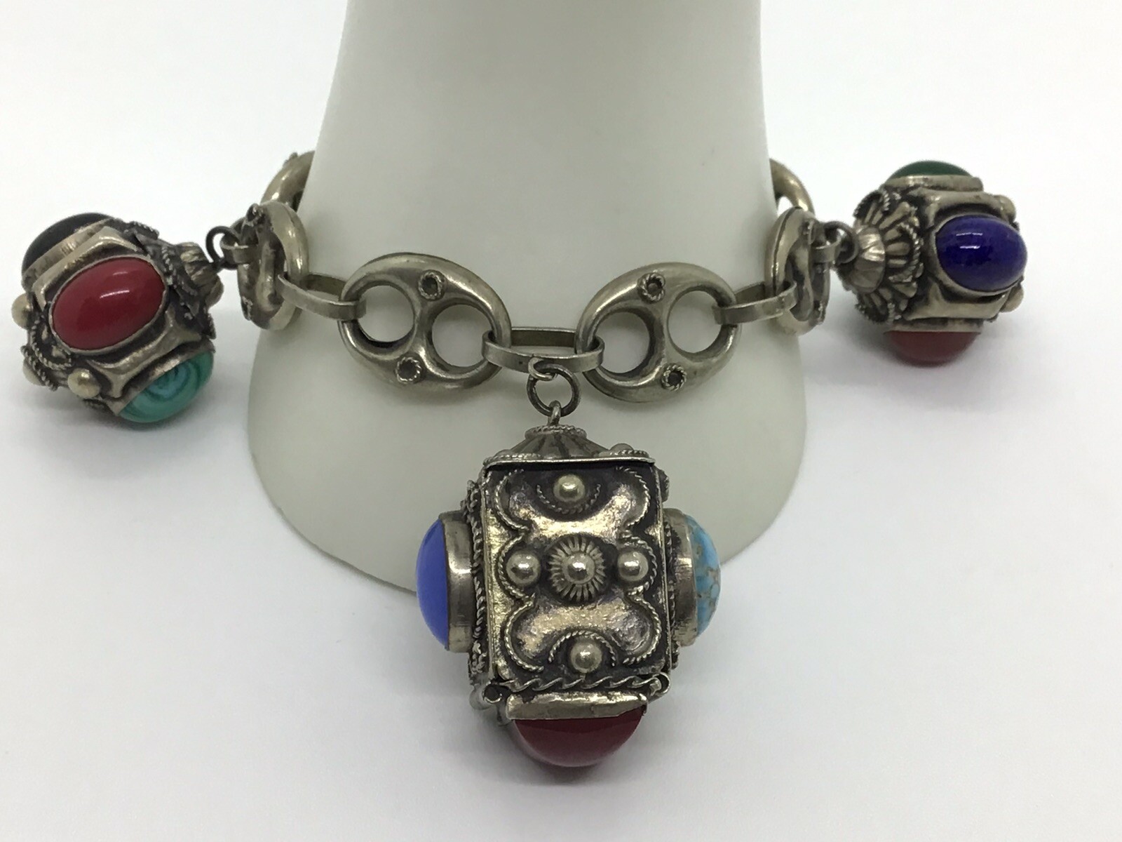 MCM VTG Etruscan Mediterranean Silver 800? Charm Bracelet 54g 8.5″ Turquoise