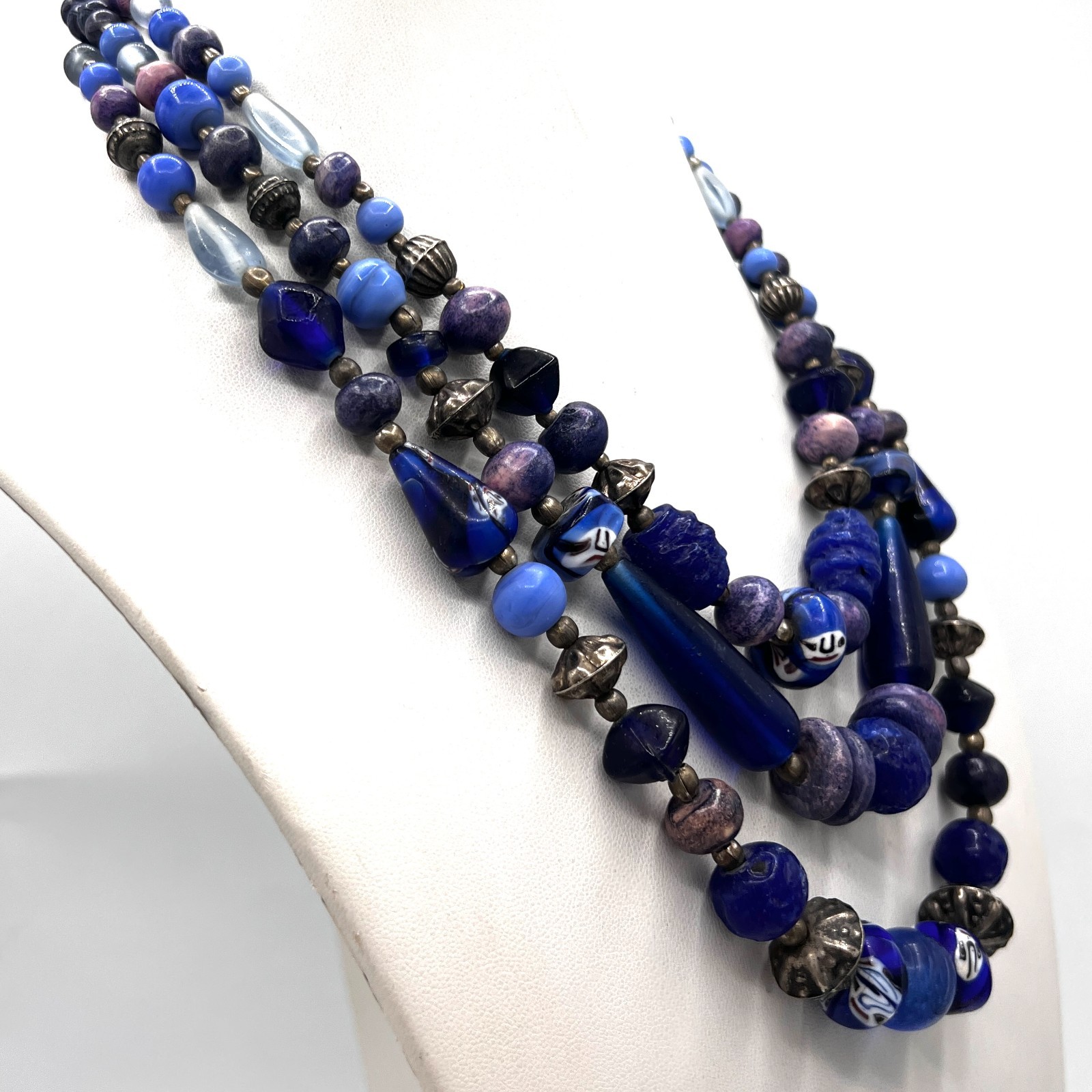 Three Strand Blue Purple Beaded Statement Necklace Artisan Boho Style 18″