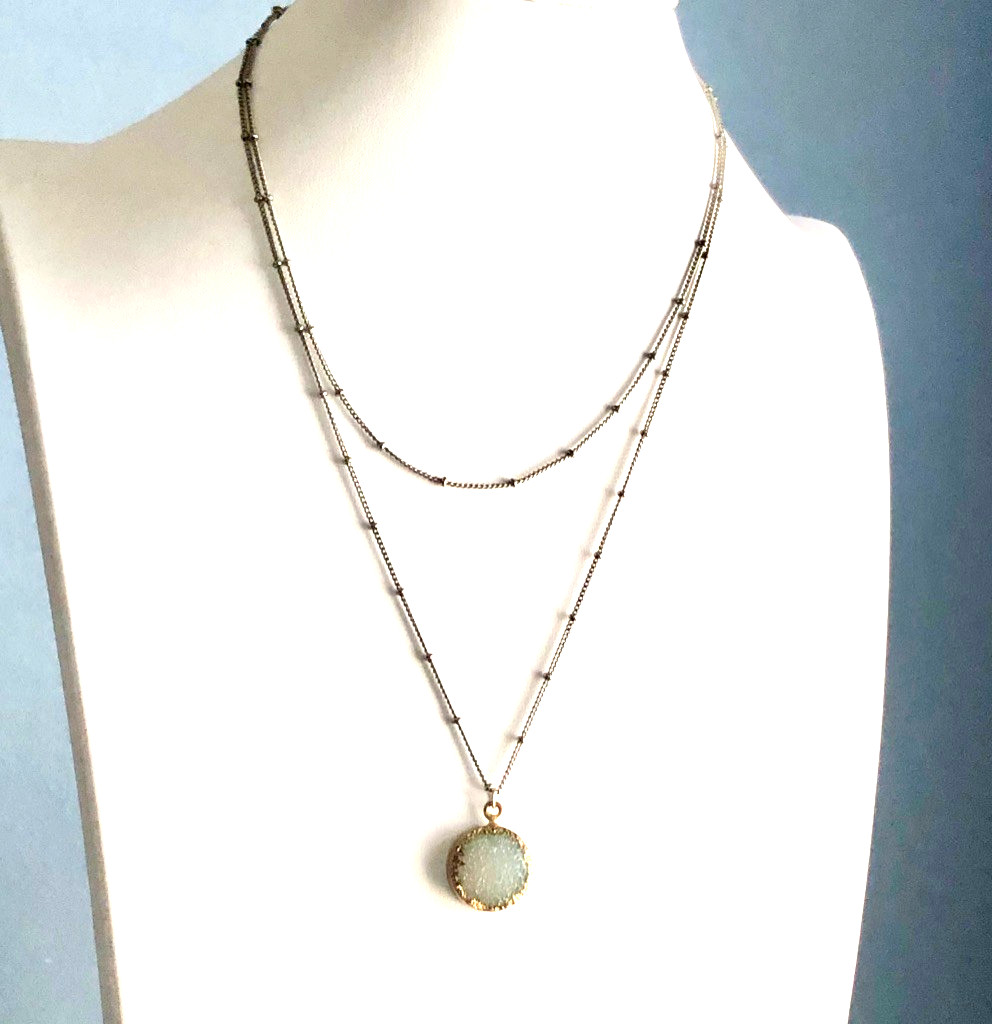 Pale Blue Druzy Quartz PENDANT CHAIN NECKLACE 34″ Silver Tone & Gold T Bezel VTG