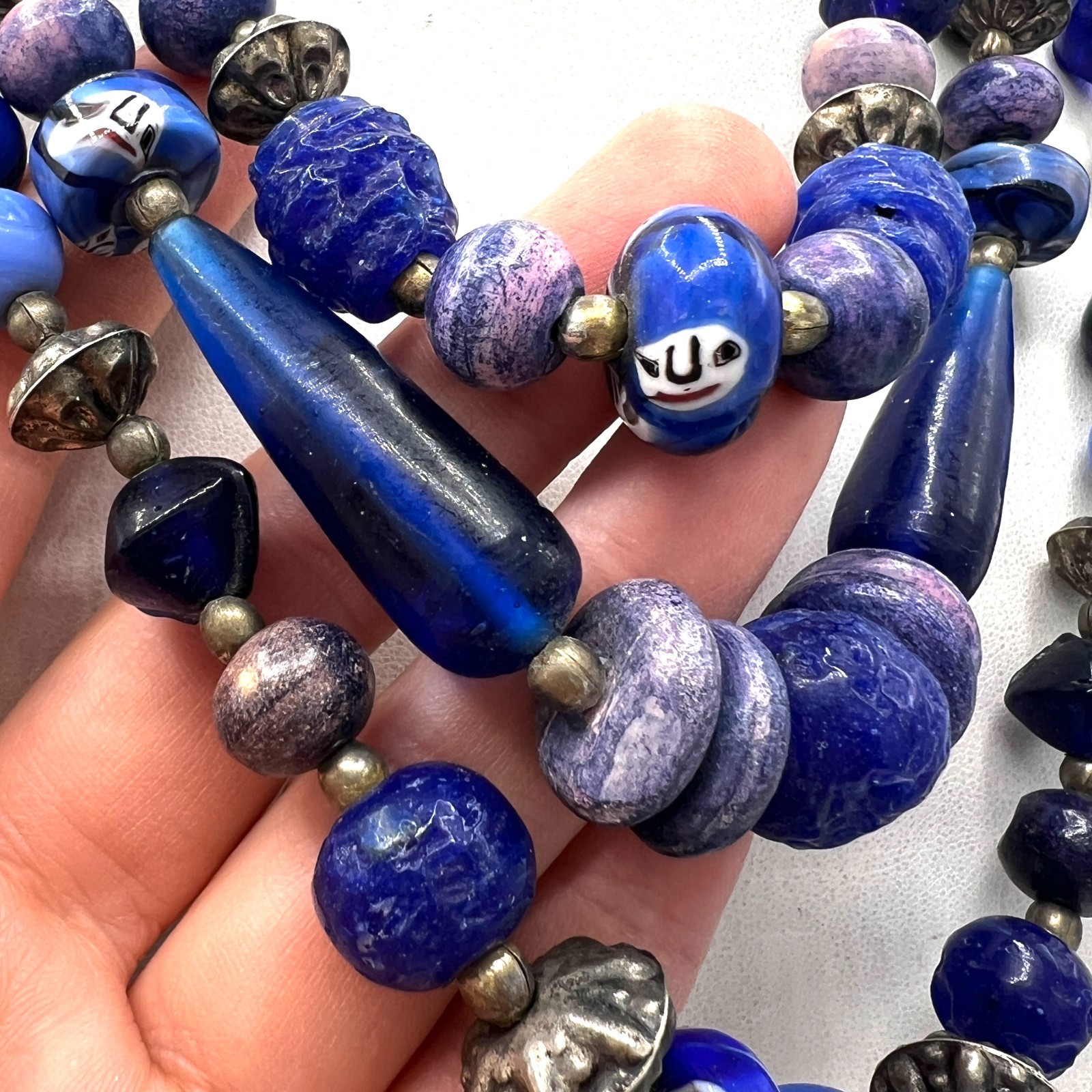 Three Strand Blue Purple Beaded Statement Necklace Artisan Boho Style 18″