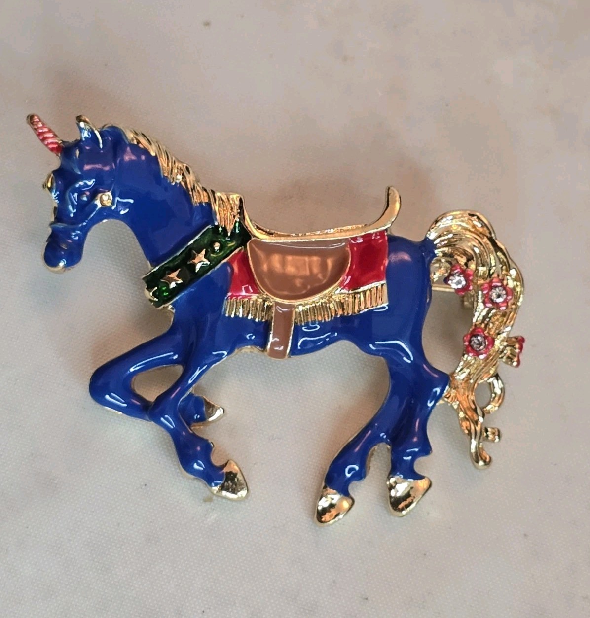 Blue Unicorn Brooch Enamel Gold Tone Rhinestone Tail Whimsical Fantasy Pin #935