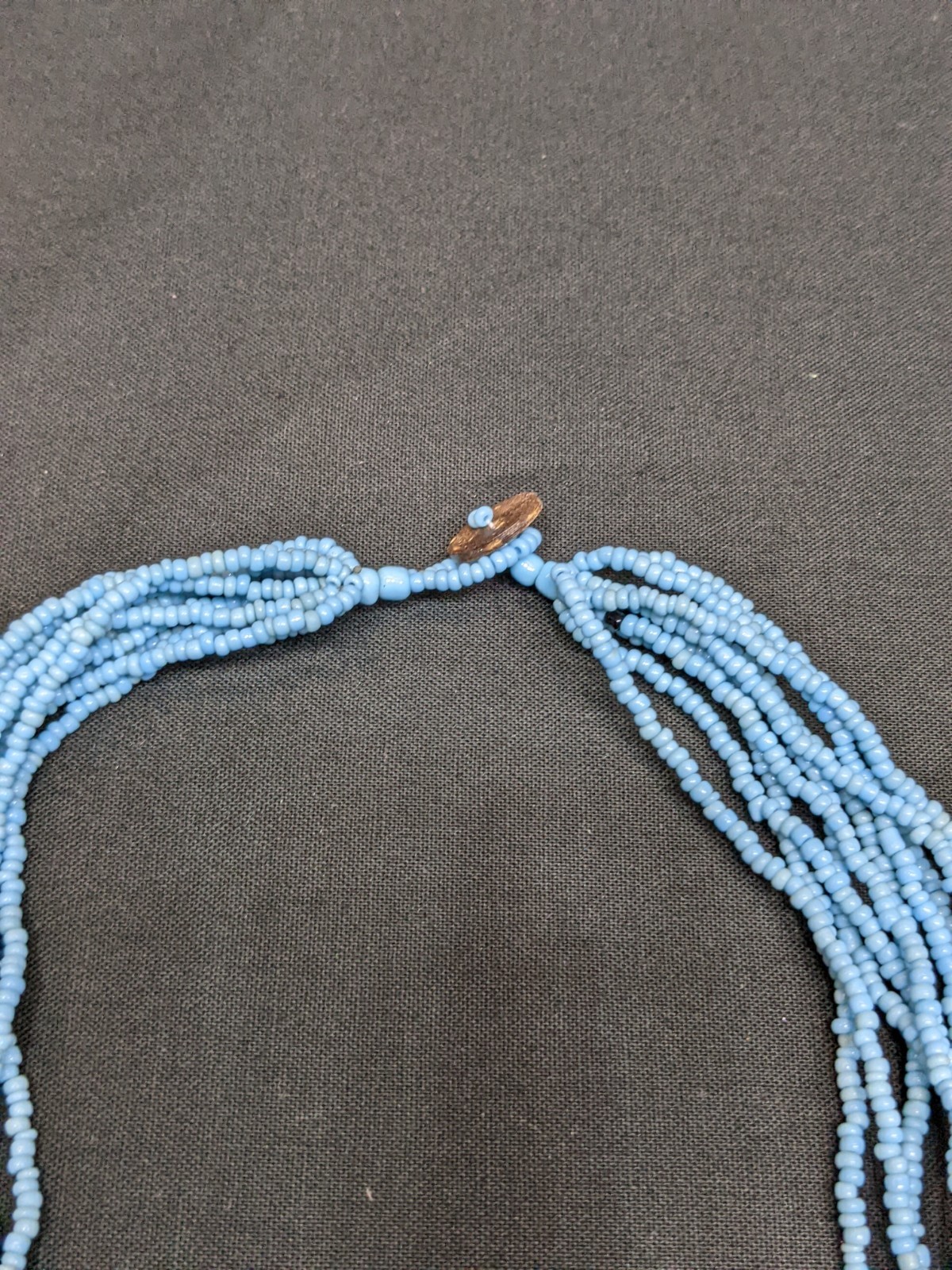 Vintage Blue Seed Bead Necklace Abalone Shell Mosaic Pendant MOP Statement 18″