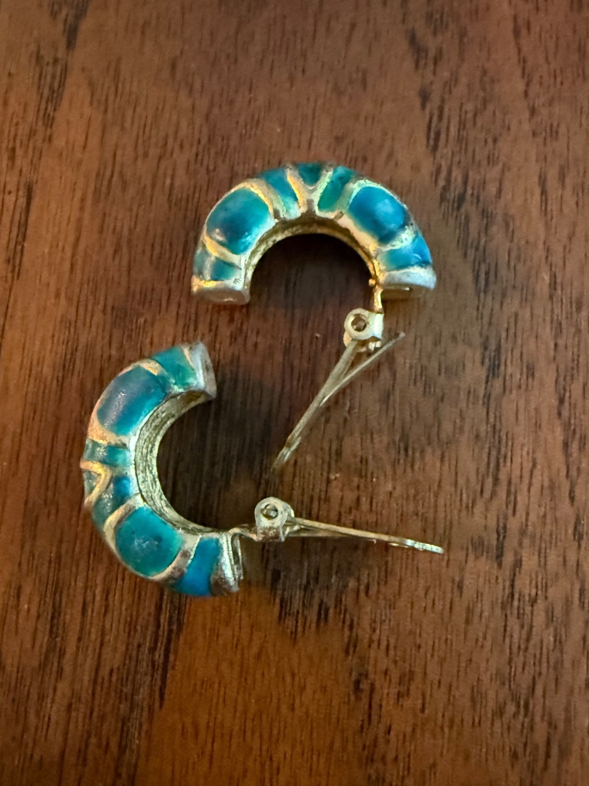 Vintage Orena Paris Teal French Enamel Clip Earrings Brass Boho Swirl 1970s