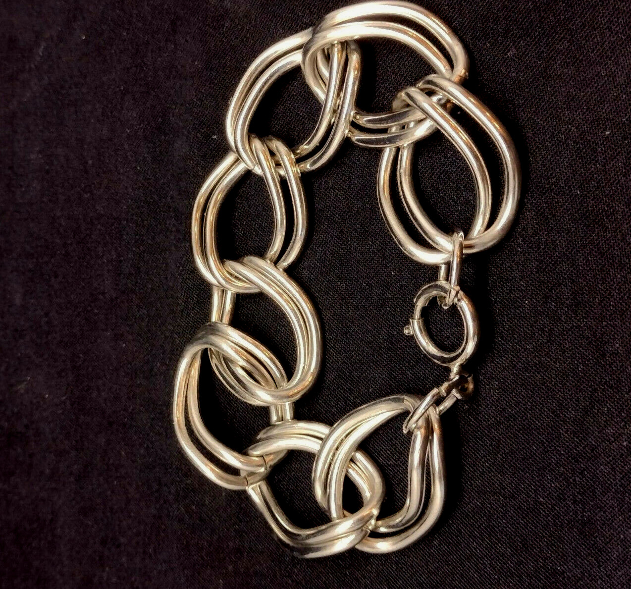 Silver Tone Bracelet Double Layer 7.5 in Rolo Cable Chain Link Charm Chunky