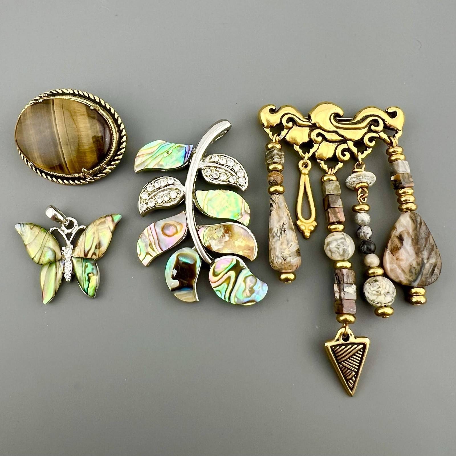 Vintage Brooch Pendant Lot Abalone Shell Stone Boho Natural Silver Gold Tone