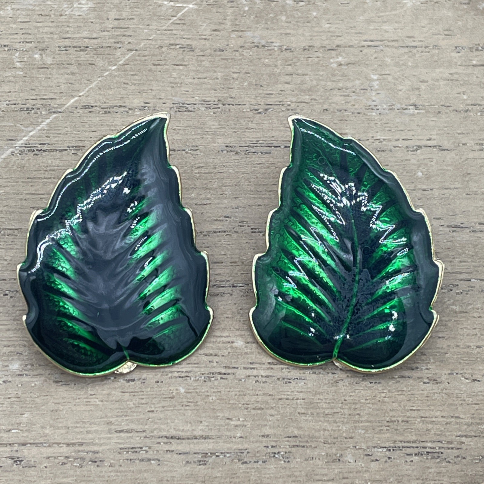 Vintage Dark Green Leaf Shaped Earrings With Clip-On Closure & Gold Colored Back