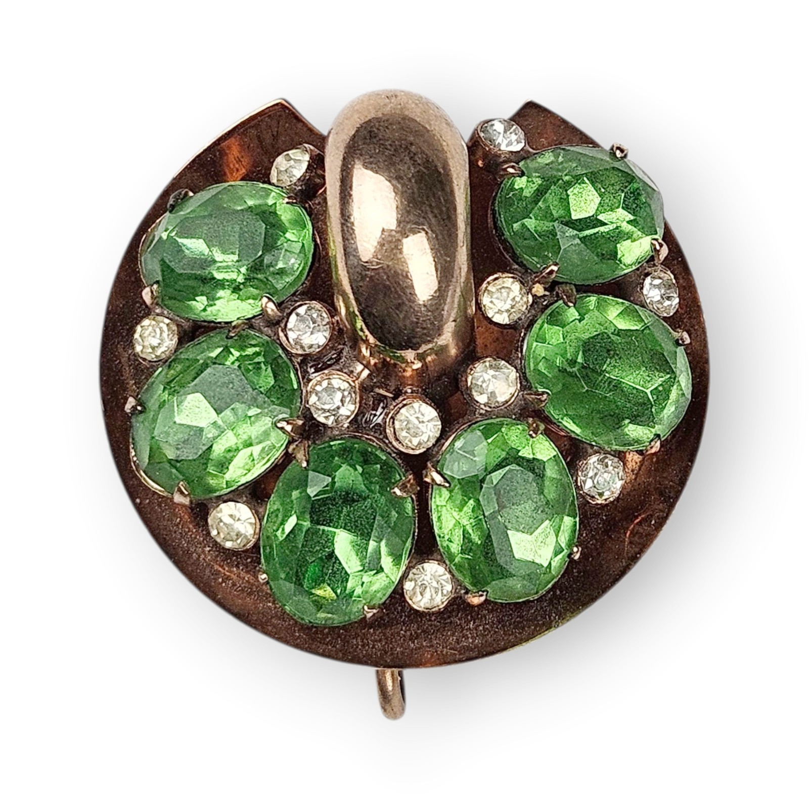 Vintage Green Rhinestone Brooch Rose Gold Plate Lee-Rose Watch Holder Chatelaine