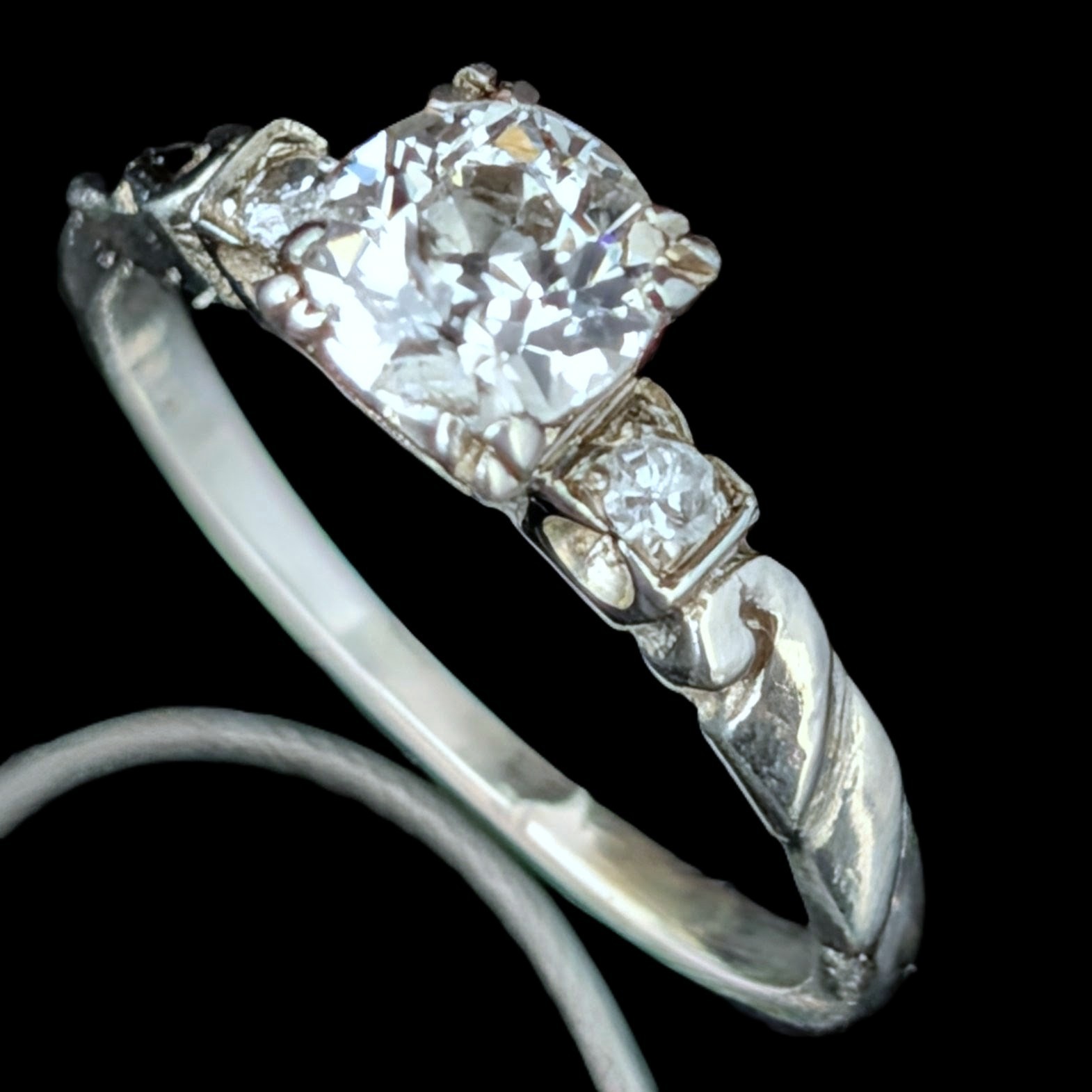 Vintage Old European Cut Diamond 14k White Gold Engagement Ring Estate Retro