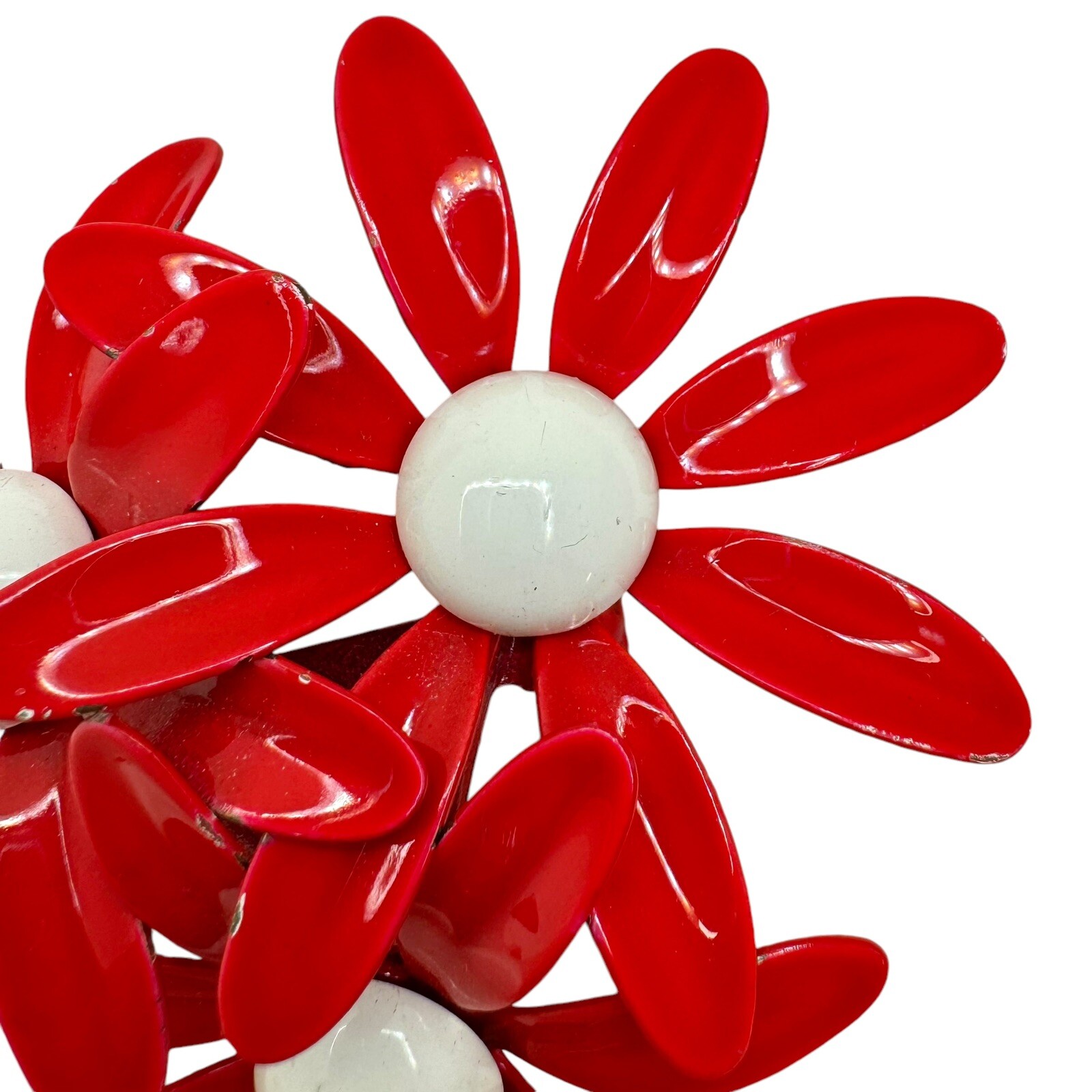 Vtg Metal Enamel Daisy Flower Brooch Pins White Brown and Triple Red White